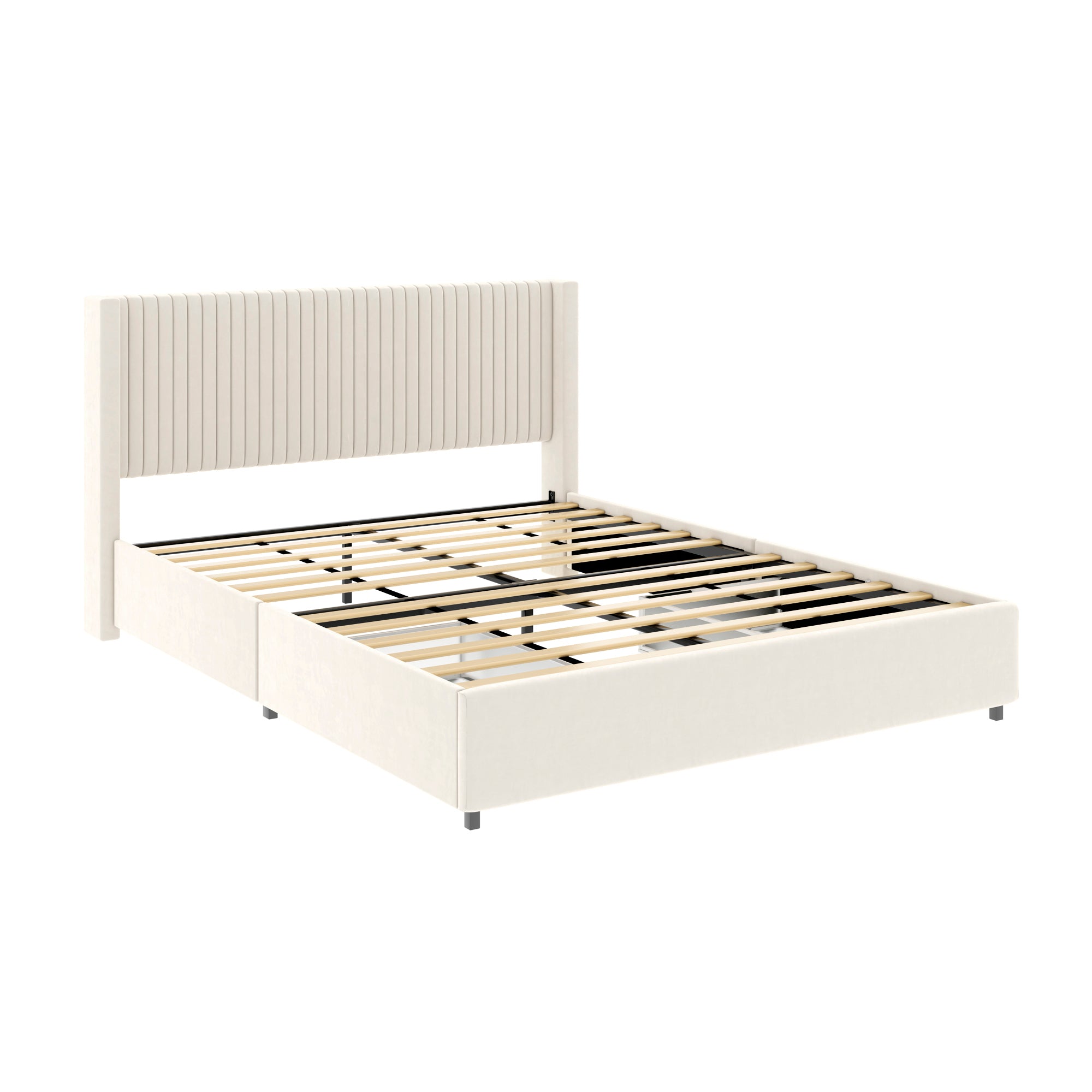 Anna Patented 2-Drawer Storage Bed Queen Size Ivory Velvet Upholstered Wingback Platform Bed, Modern Design Headboard with Tight Channel, Wooden Slat Mattress Support No Box Spring Needed