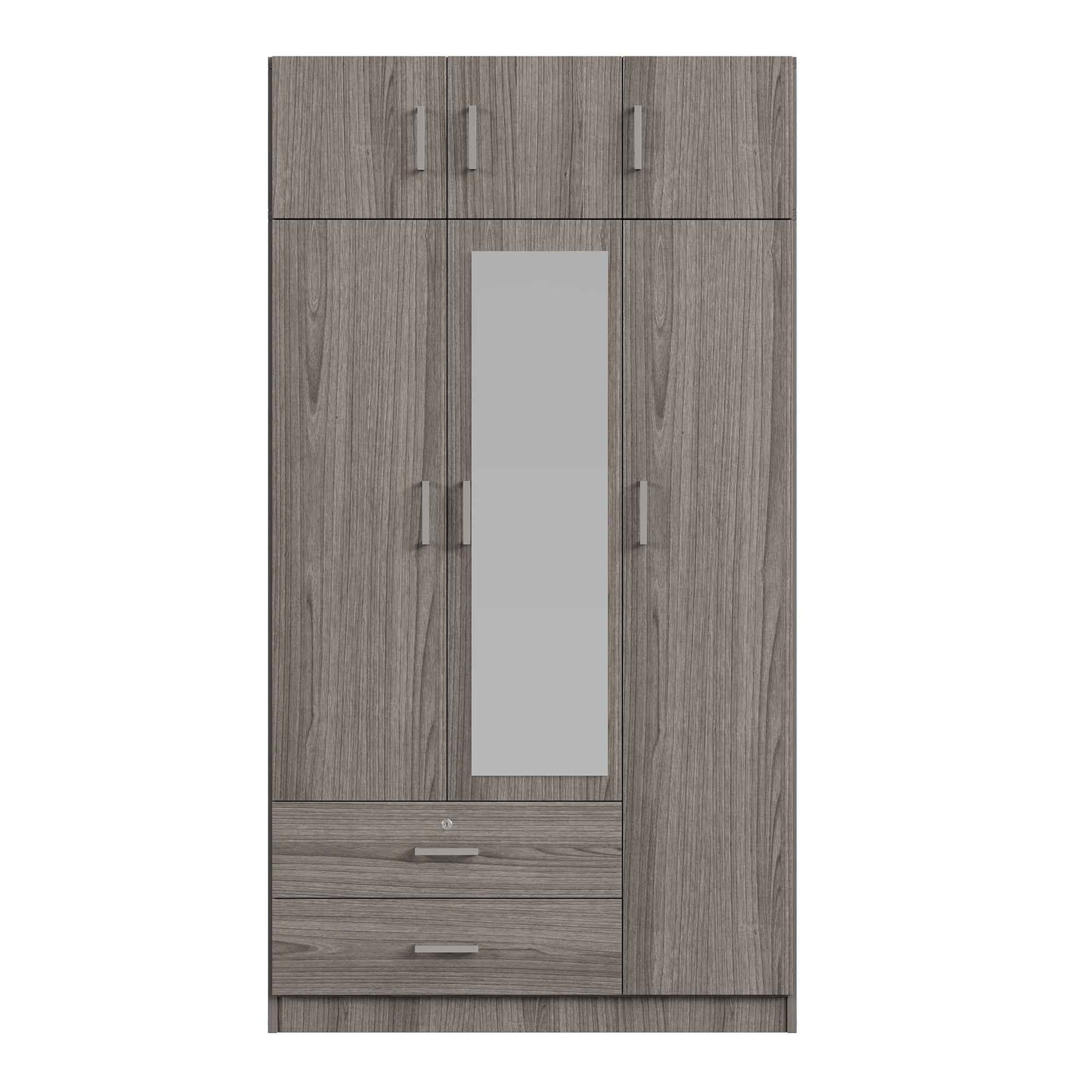 3-Door Mirror  Wardrobe with 2 Drawers and Top Cabinet,Gray