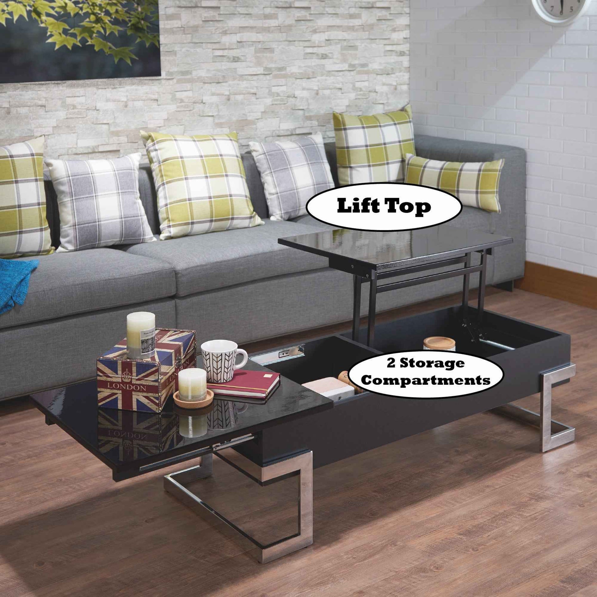 Calmam Black High Gloss & Chrome Finish Coffee Table with Lift Top and Hidden Storage