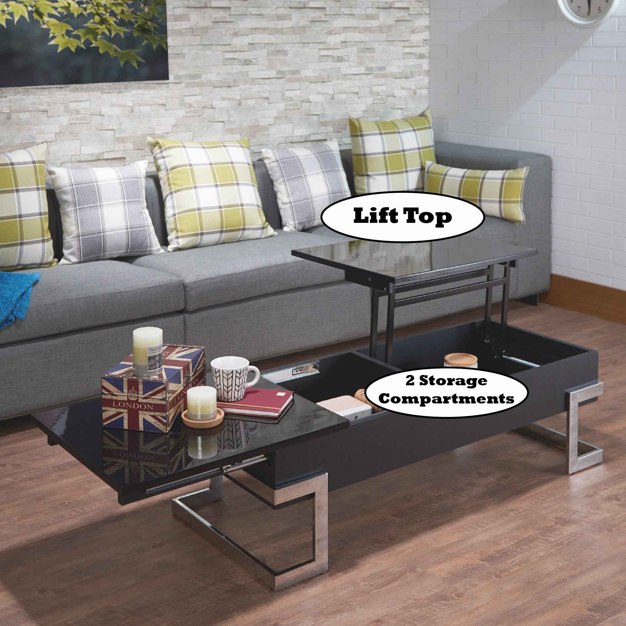 Calmam Black High Gloss & Chrome Finish Coffee Table with Lift Top and Hidden Storage