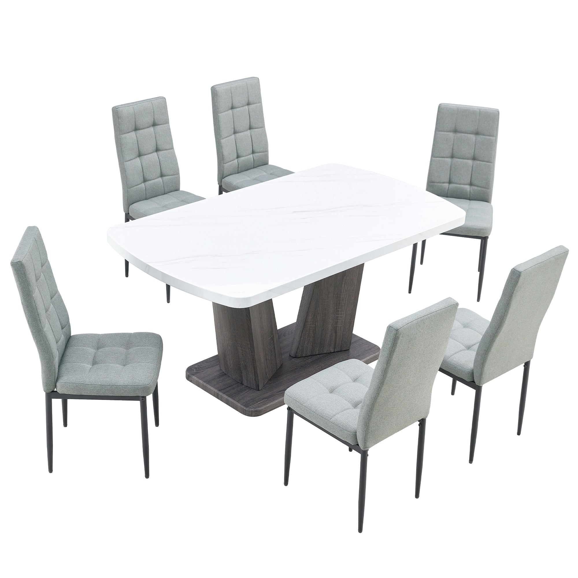 Modern Dining Table Set for 6, 7 Piece Dining Set, 63" Rectangle Kitchen Table with 6 Upholstered Chairs, 1.8" Thickness Tabletop and V-shaped Table Legs, White Faux Marble Dining Set for Kitchen Room