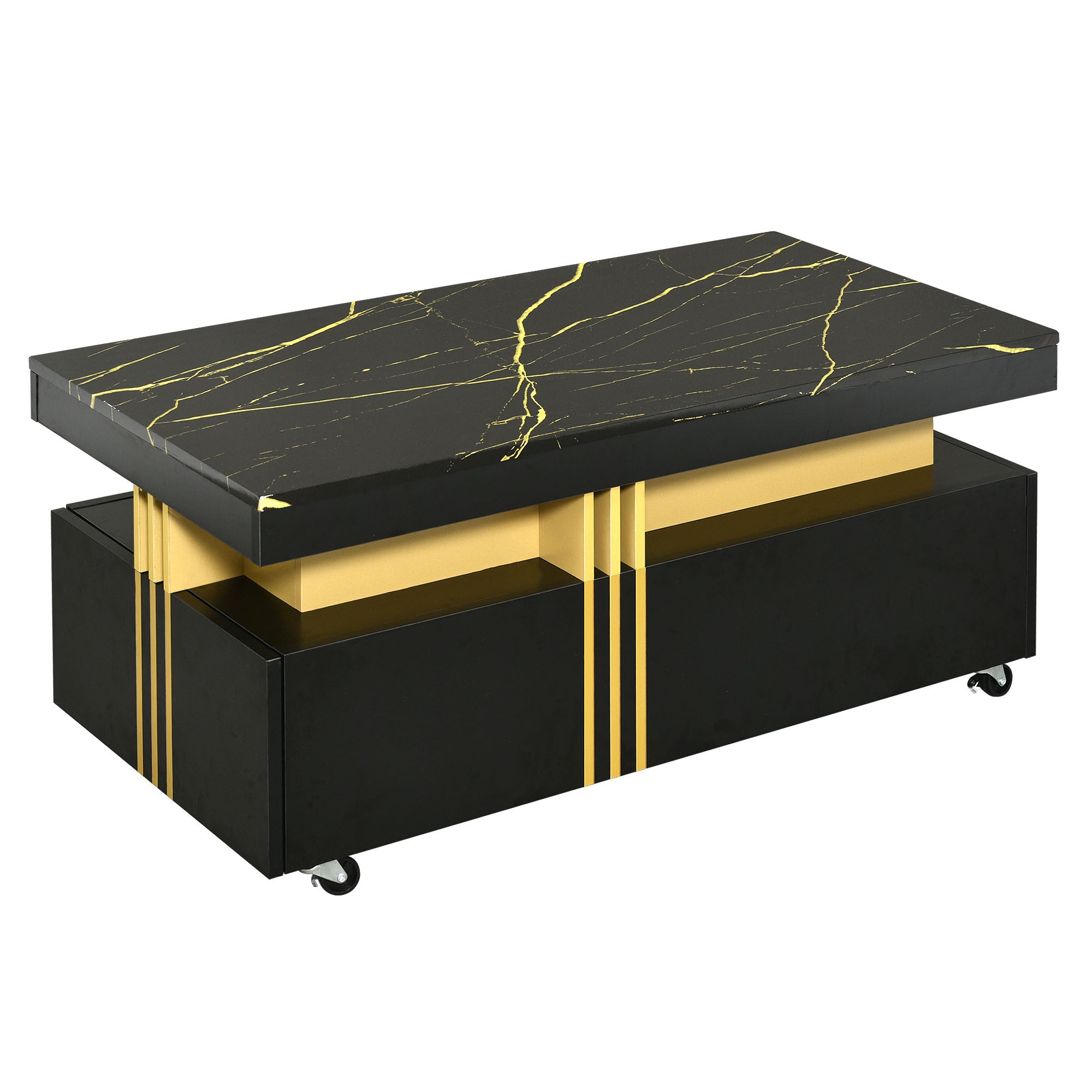 [VIDEO provided] ON-TREND Contemporary Coffee Table with Faux Marble Top, Rectangle Cocktail Table with Caster Wheels, Moderate Luxury Center Table with Gold Metal Bars for Living Room, Black - Abrihome