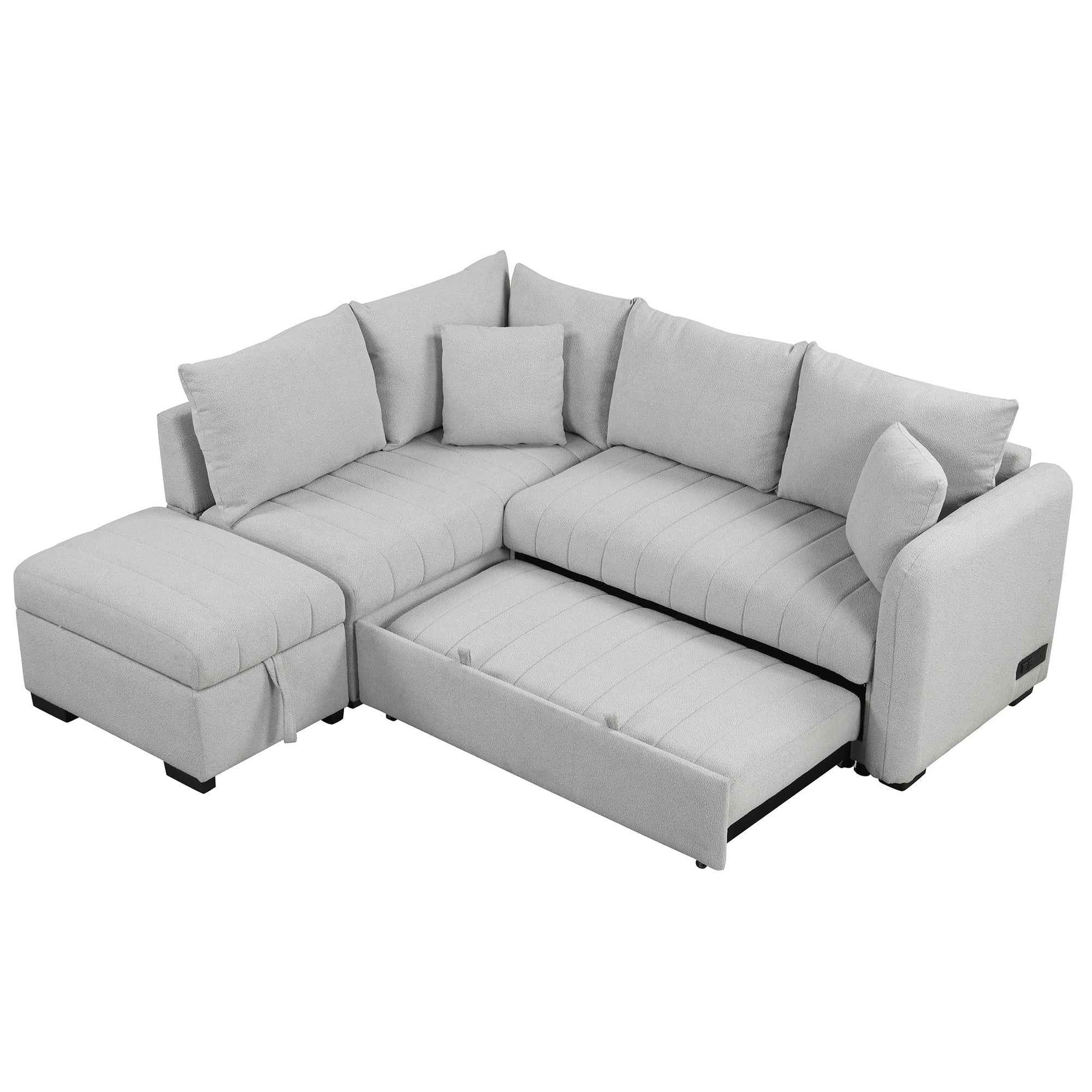 Modern L-shaped Sectional Pull Out Sofa Bed with USB Ports & Storage Ottoman, Gray Jacquard Fabric, 82.6'