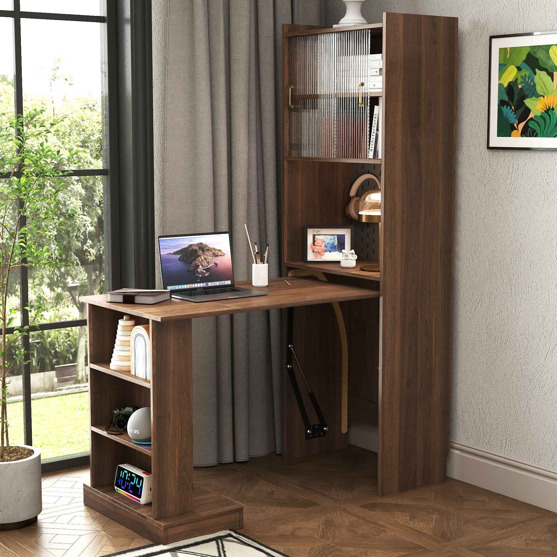 Folding Desk with Storage, Space-Saving Foldable Computer Desk for Small Spaces, Writing Study Table for Home Office, Bedroom, Dorm, Apartment