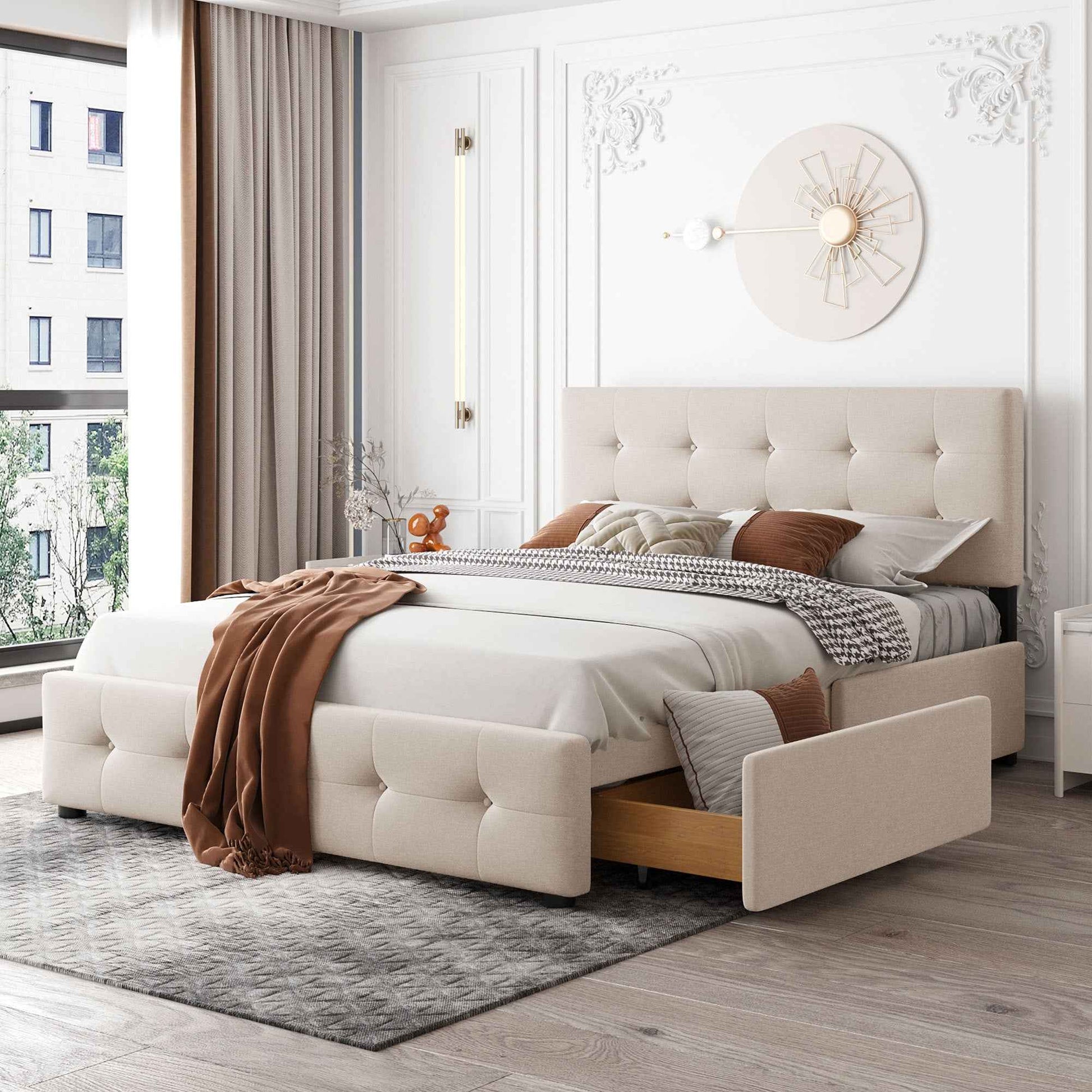 Upholstered Queen Platform Bed with Classic Headboard and 4 Drawers