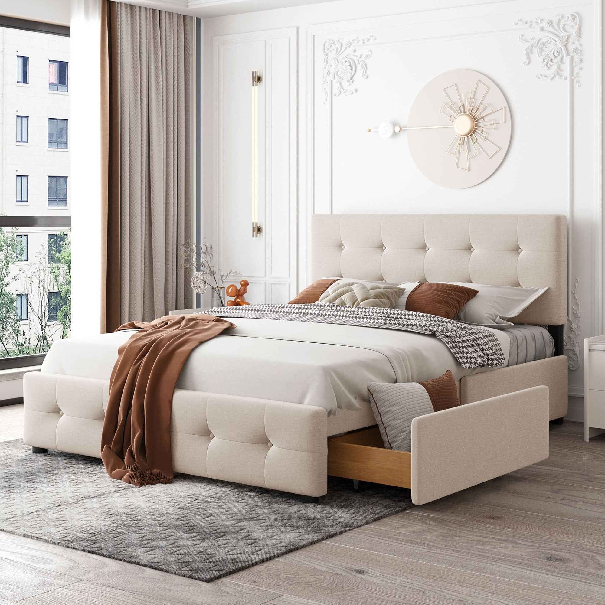 Upholstered Queen Platform Bed with Classic Headboard and 4 Drawers