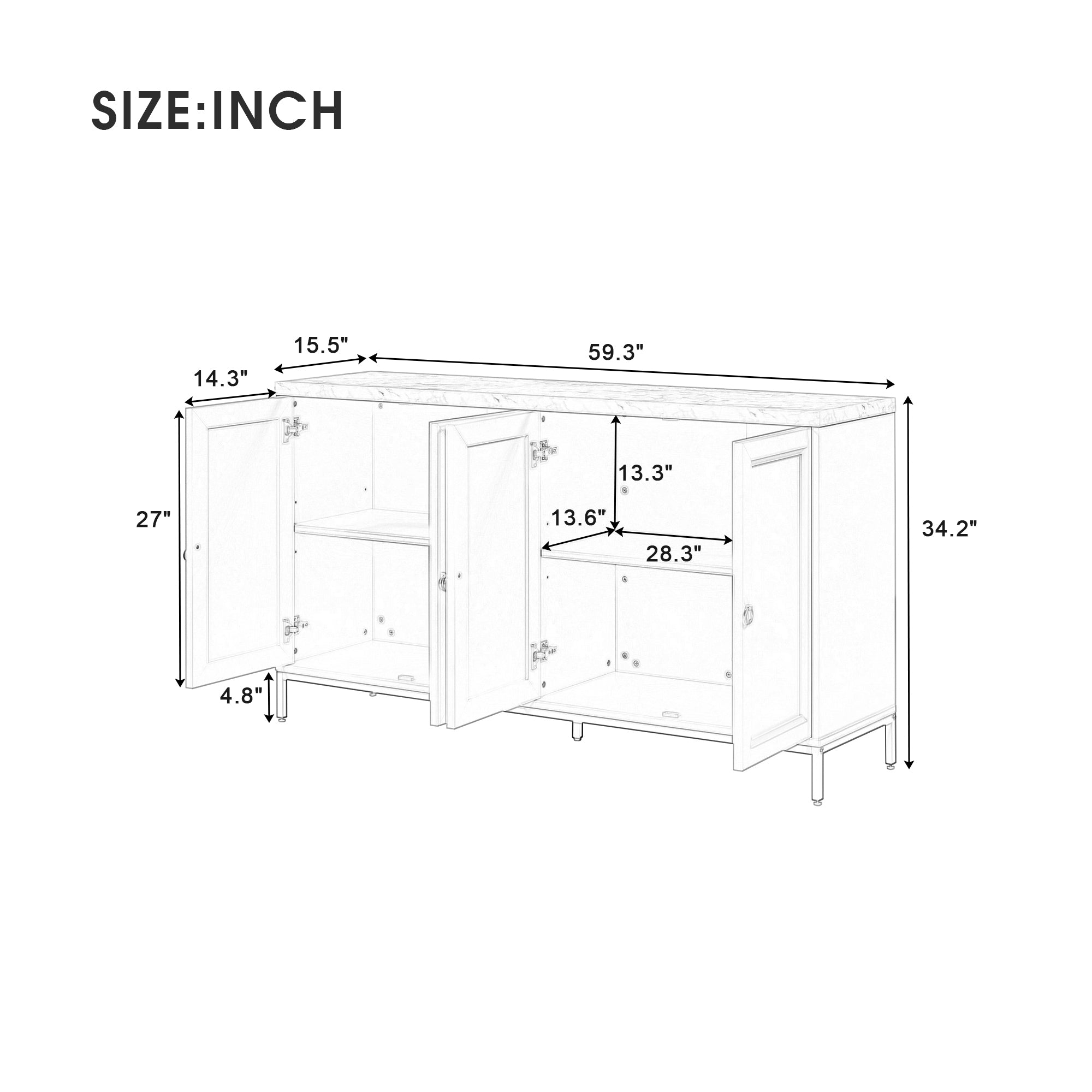 TREXM Modern Sideboard with Extra Large Storage Space with Metal Handles and Support Legs for Living Room and Dining Room (Black)