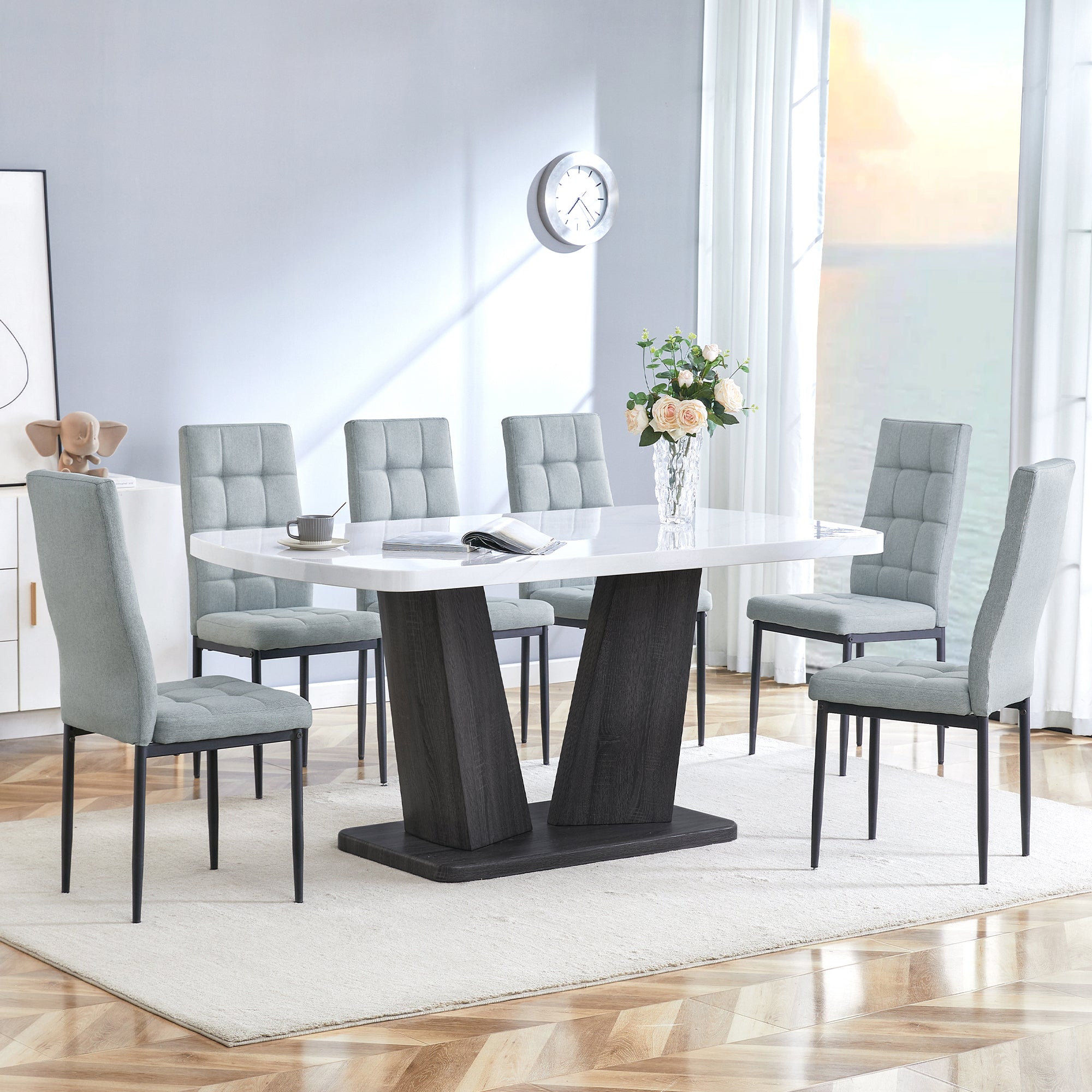 Modern Dining Table Set for 6, 7 Piece Dining Set, 63" Rectangle Kitchen Table with 6 Upholstered Chairs, 1.8" Thickness Tabletop and V-shaped Table Legs, White Faux Marble Dining Set for Kitchen Room