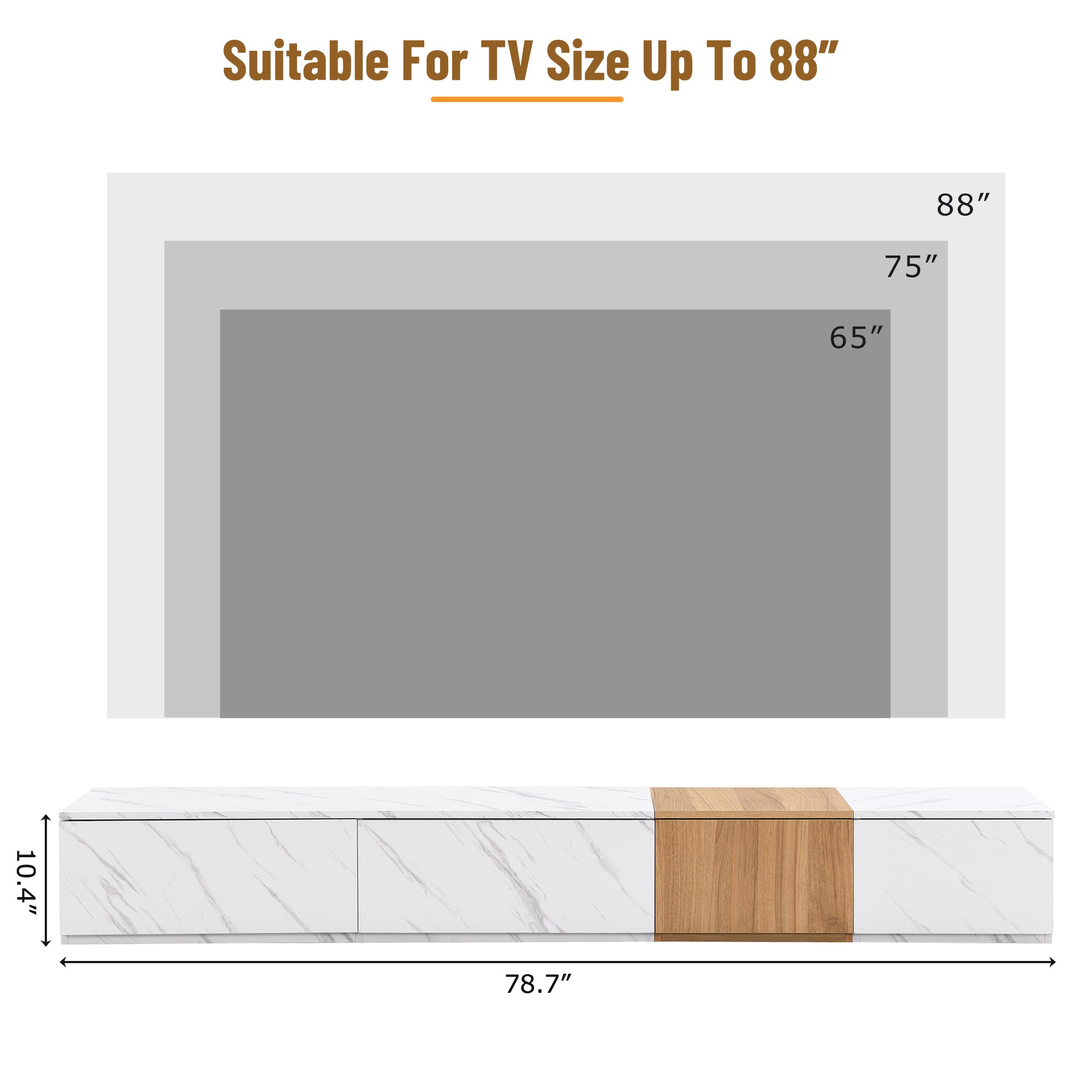 ON-TREND TV Stand with Faux Marble and Walnut Wood Grain Finish for TVs up to 88'', Modern Free-Combination Entertainment Center with 4 Storage Drawers for Living Room, White - Abrihome