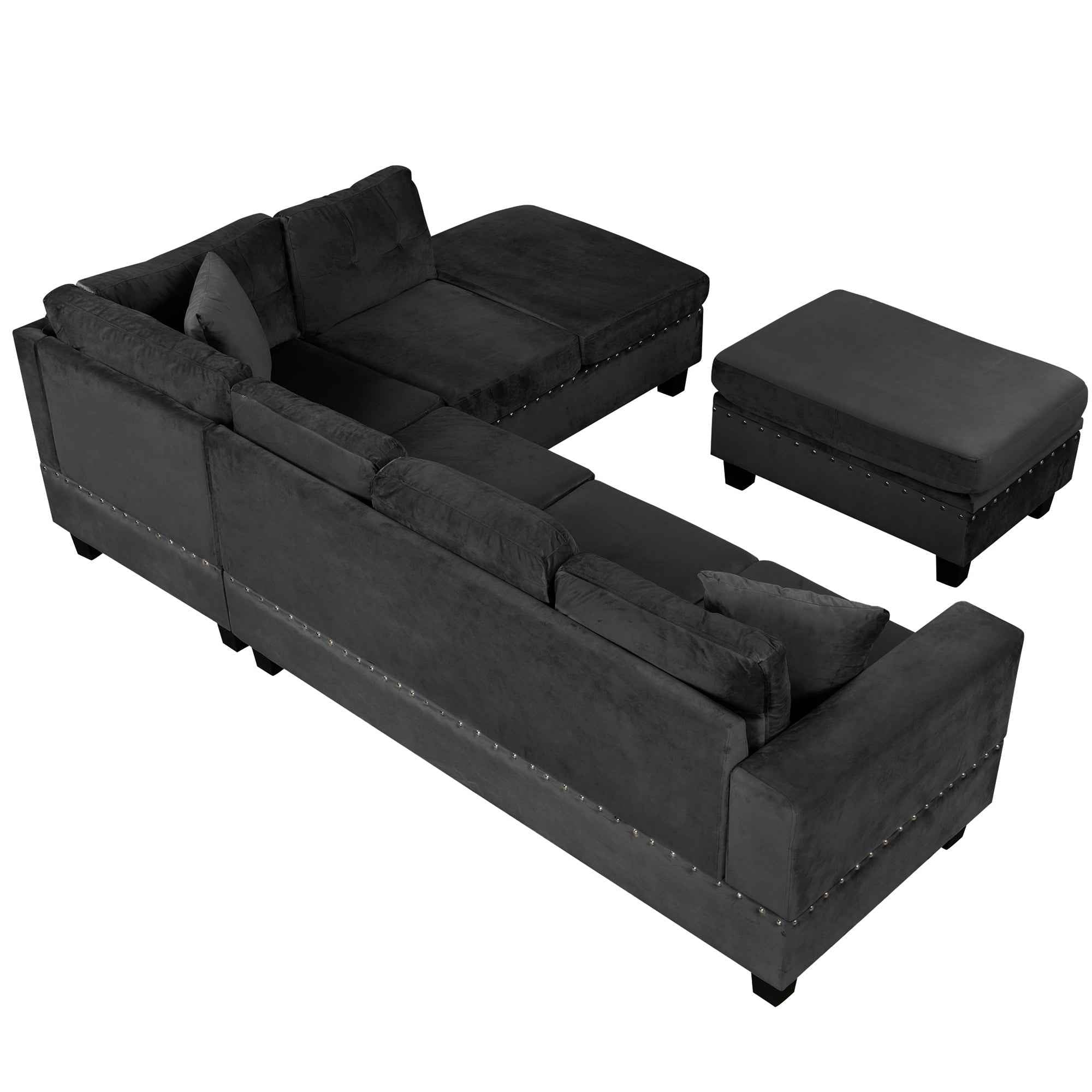Modern Sectional Sofa with Storage Ottoman, L-Shape Couch with 2 Pillows and Cup Holders, Black Velvet, 105'