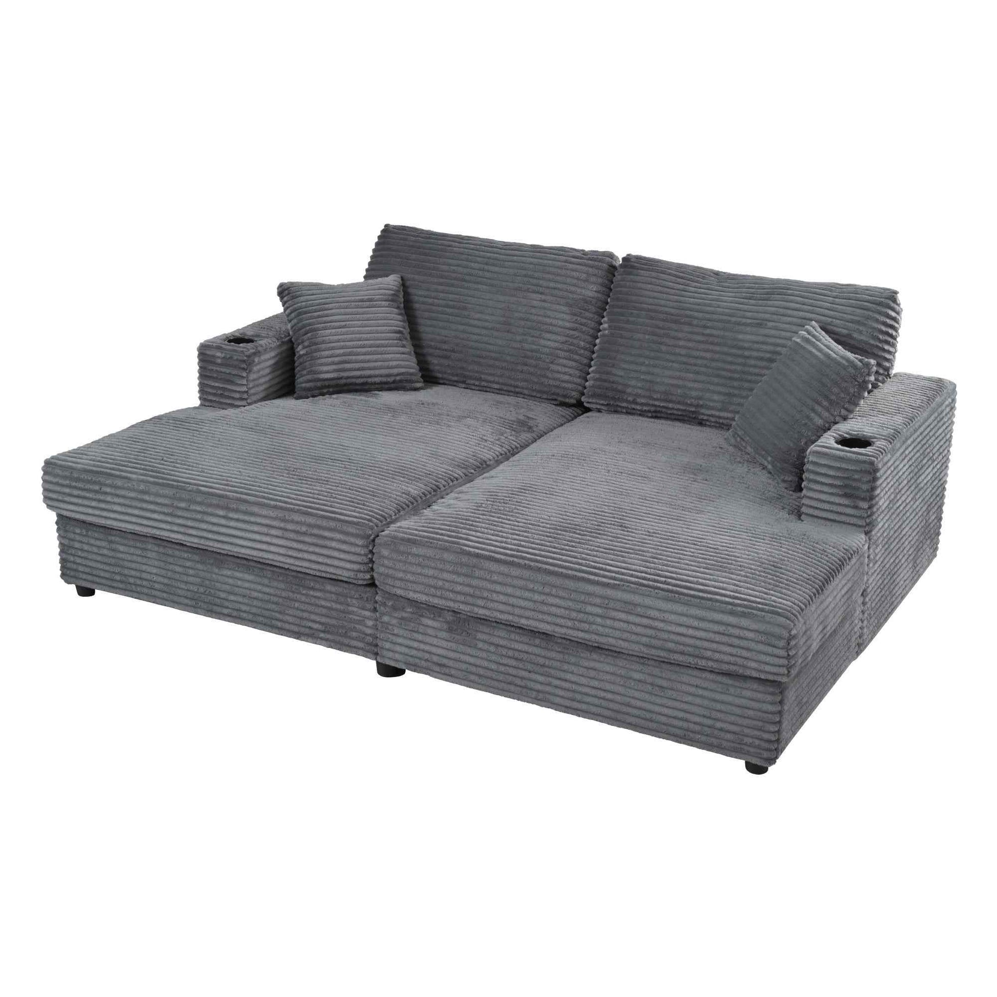 Oversized Loveseat Chaise Lounge Sectional Sofa Bed with USB Ports, Cup Holders, Throw Pillows, Dark Gray Corduroy, 86.5'