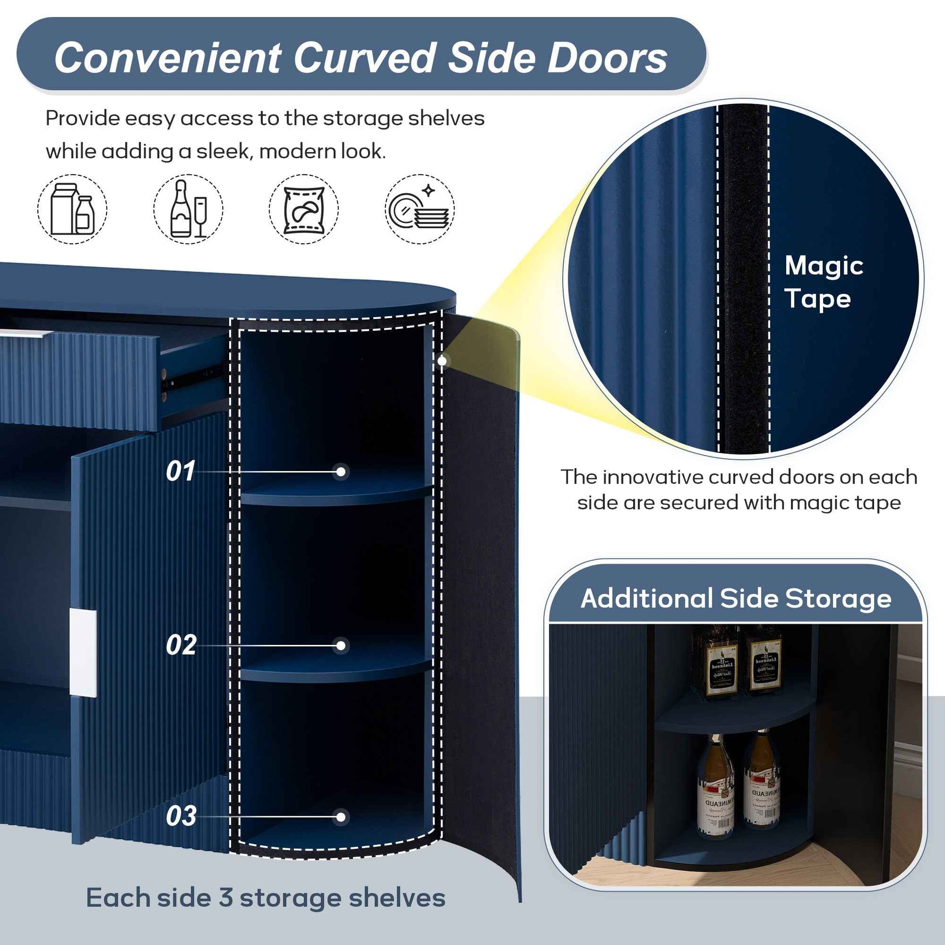 U_STYLE 55.1' Modern Storage Cabinet – 2 Doors & 2 Drawers, Stripe MDF Sideboard with Aluminum Handles, Curved Side Door & 3-Tier Shelves, Buffet Cabinet for Living Room, Bedroom, Dining Room
