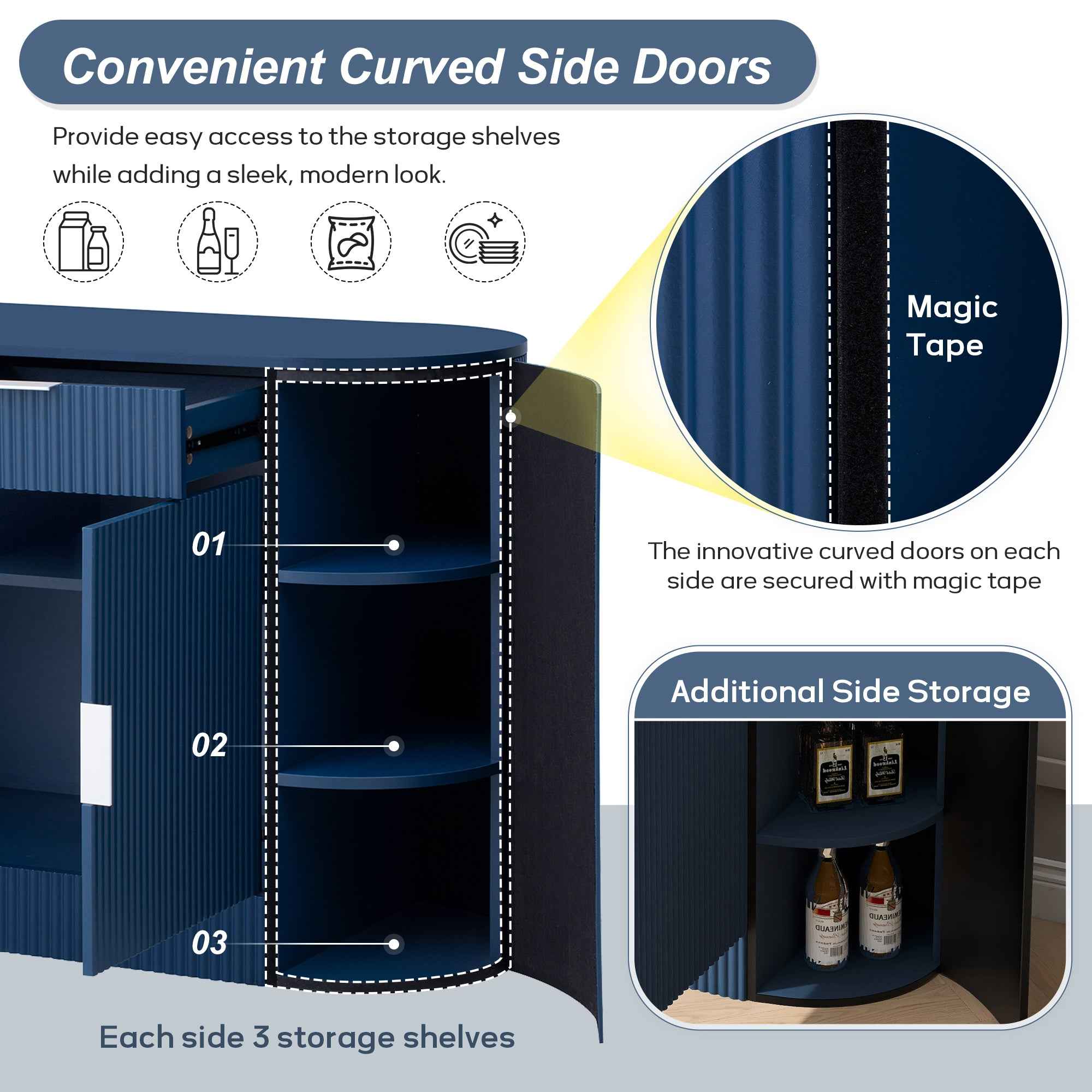 U_STYLE 55.1' Modern Storage Cabinet – 2 Doors & 2 Drawers, Stripe MDF Sideboard with Aluminum Handles, Curved Side Door & 3-Tier Shelves, Buffet Cabinet for Living Room, Bedroom, Dining Room