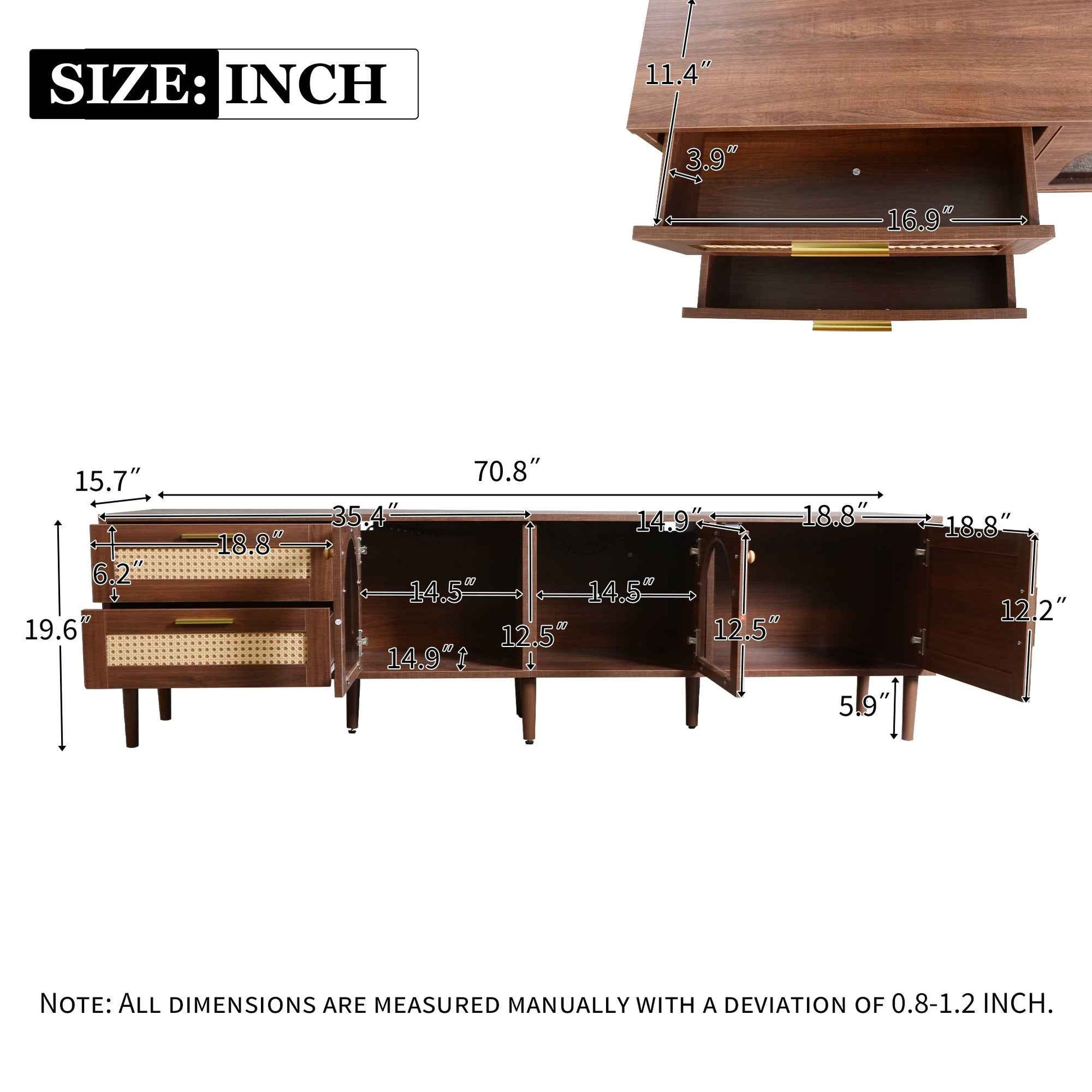 Dark Brown Rattan-inspired TV Stand with 3 Cabinets & 2 Drawers, LED Light Media Console for TVs up to 80'', MDF & Solid Wood Construction