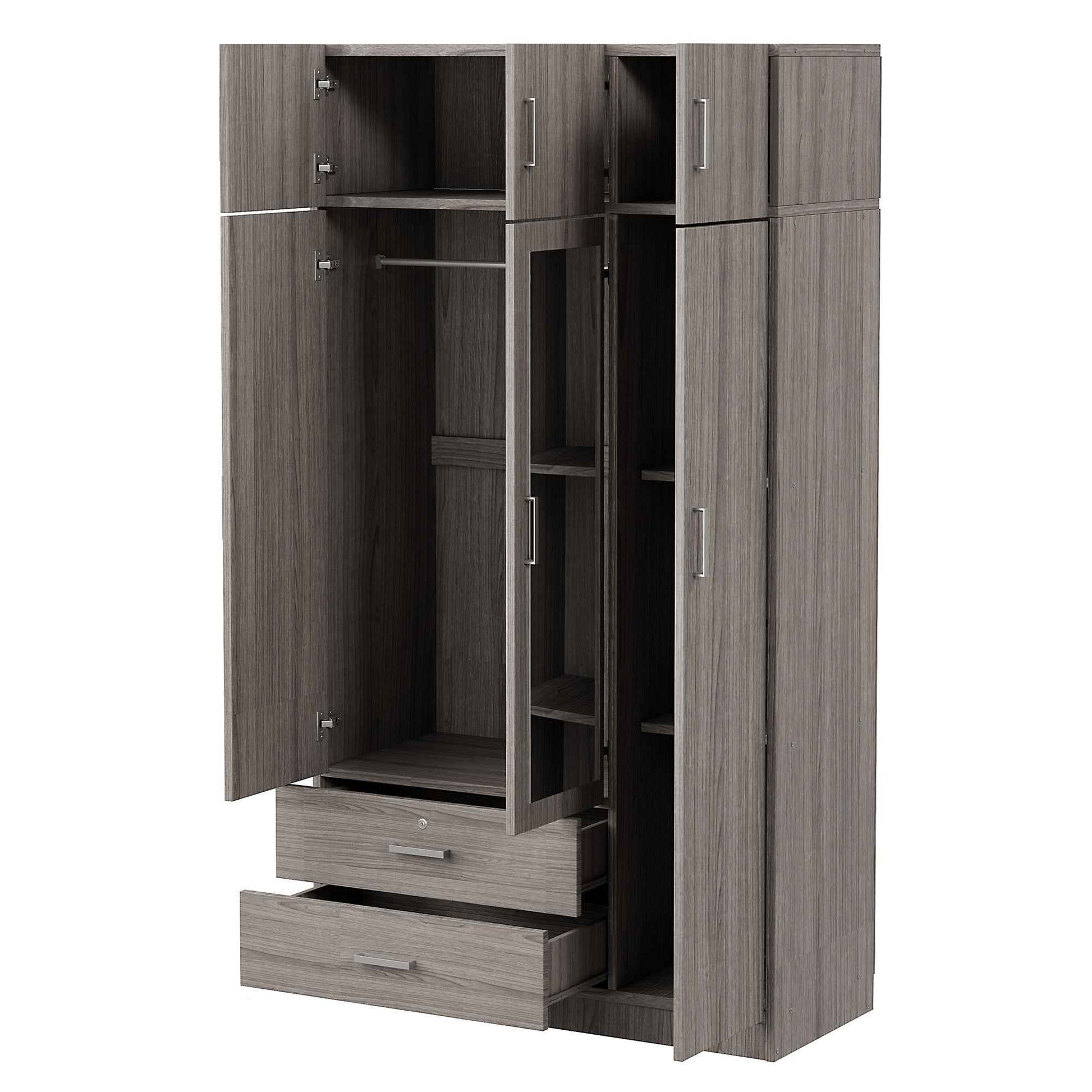 3-Door Mirror  Wardrobe with 2 Drawers and Top Cabinet,Gray