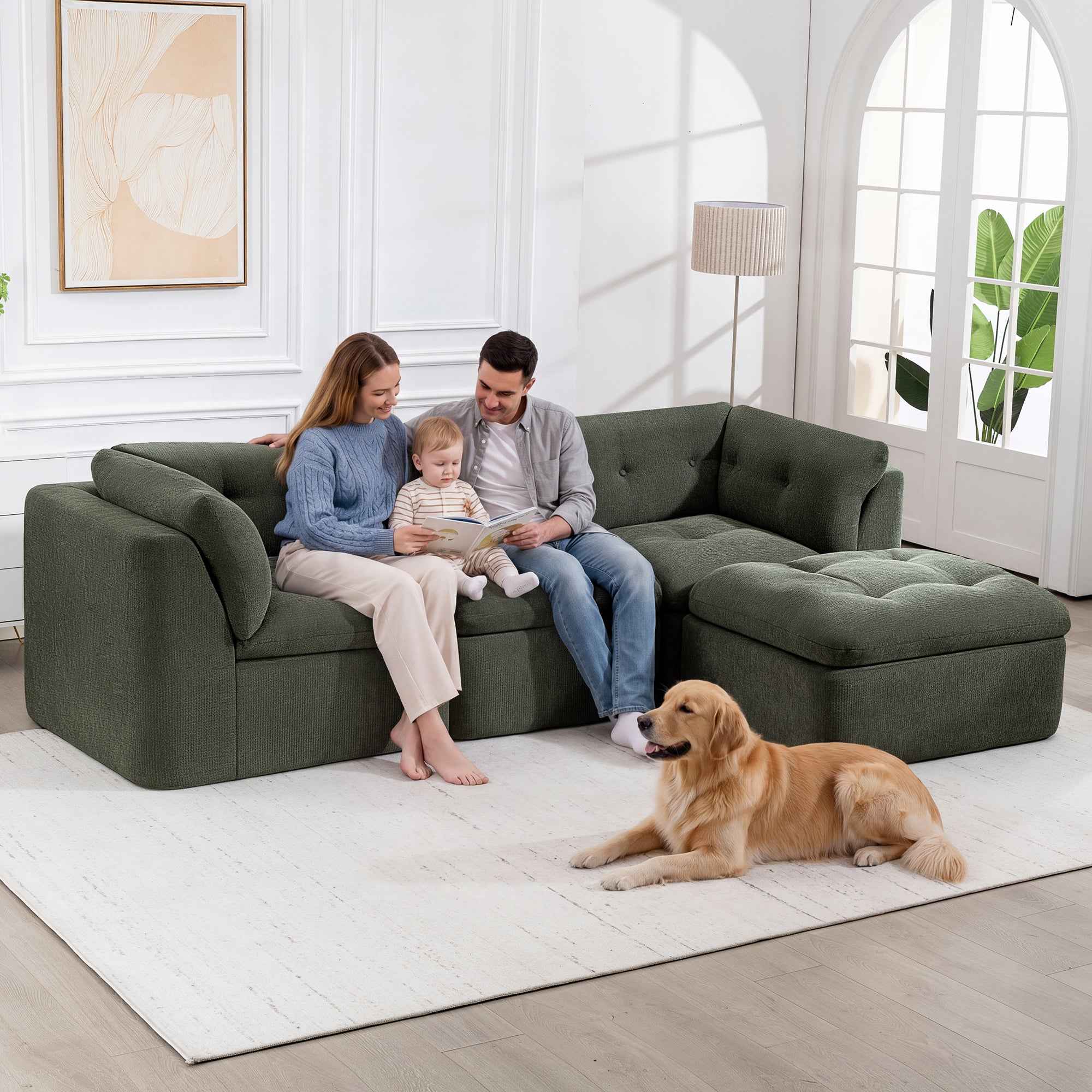 Modern Cloud-style Living Room Sofa, Deep Seat Convertible L-shaped Frame-free Sofa (with Ottoman), Oversized Comfortable 4-seater Chenille Fabric Compressed Sofa, Modular Sectional Sofa