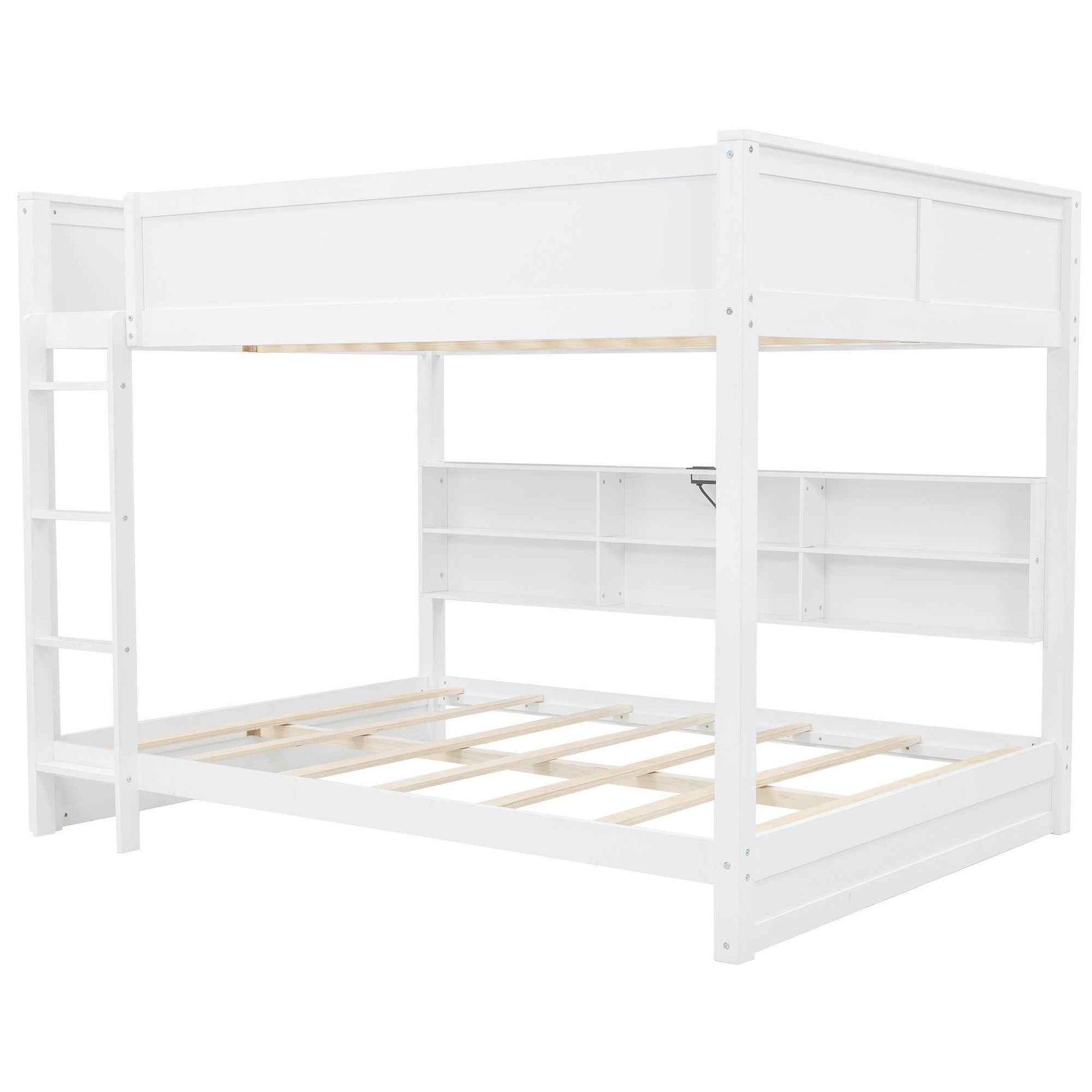 White Queen over Queen Bunk Bed with Storage Cabinets and USB Ports, Pine Wood+MDF
