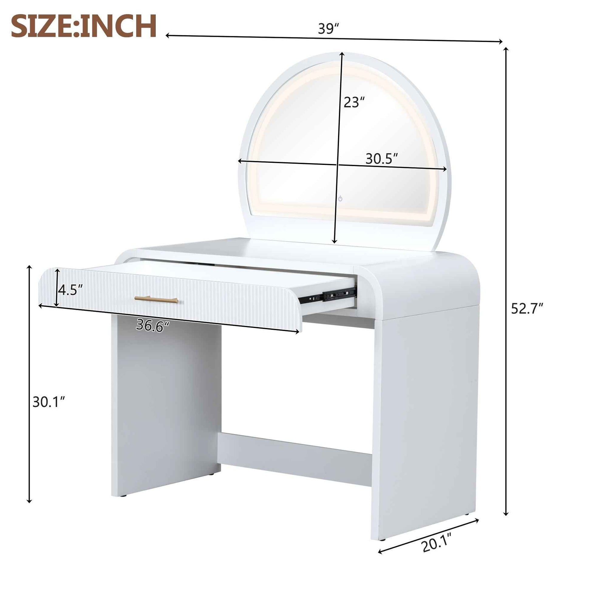 39' Makeup Vanity Table with Mirror Touch Screen Lighted Mirror, Dressing Table with Drawer for Bedroom, White