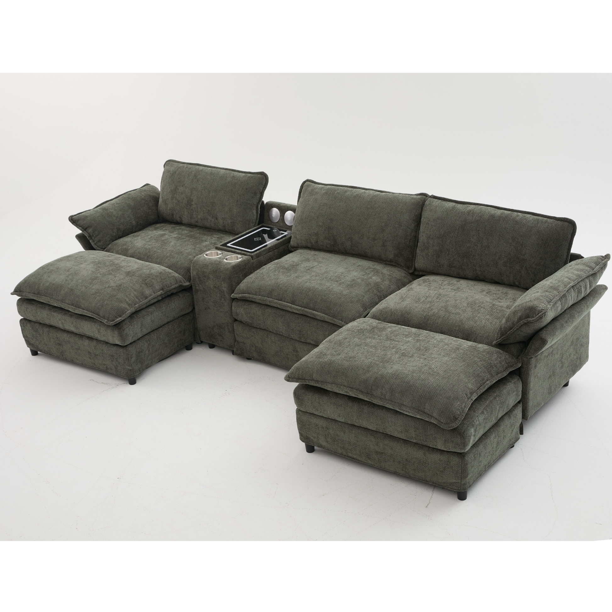 [NEW ARRIVED] [VIDEO PROVIDED]U Shaped Modular Sectional Sofa,Storage Console & Wireless Charging,2 Cup Holders,Bluetooth Speakers,2 Movable Footstools,Adjustable handrail,Movable seat,Chenille,Green