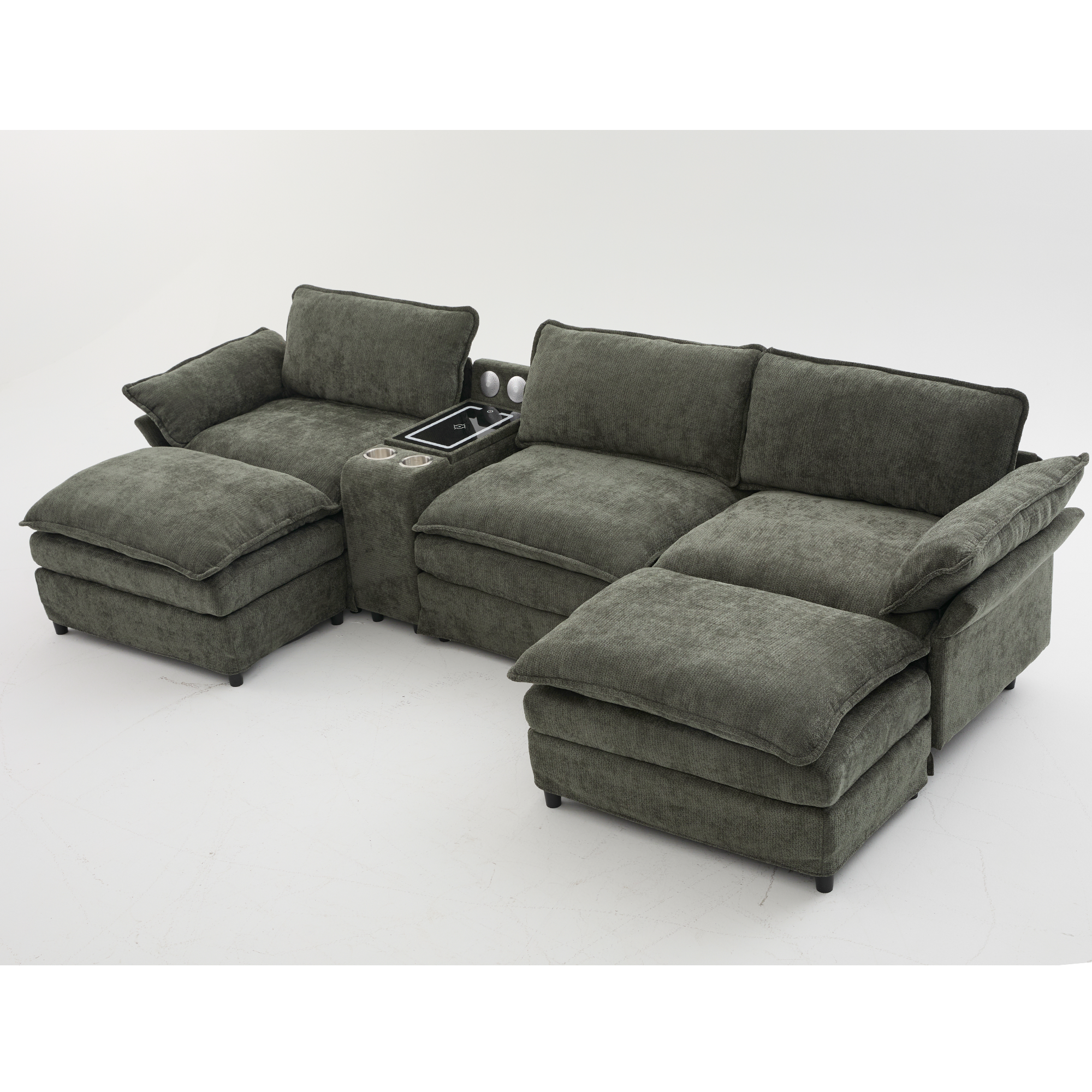[NEW ARRIVED] [VIDEO PROVIDED]U Shaped Modular Sectional Sofa,Storage Console & Wireless Charging,2 Cup Holders,Bluetooth Speakers,2 Movable Footstools,Adjustable handrail,Movable seat,Chenille,Green