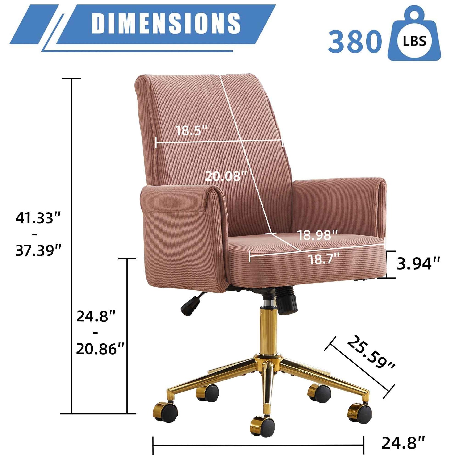 Ergonomic Mid-back Office Chair with Striped Velvet Fabric, Light Pink, Gold Metal Base, 25.2 x 24.0 x 41.9 Inches