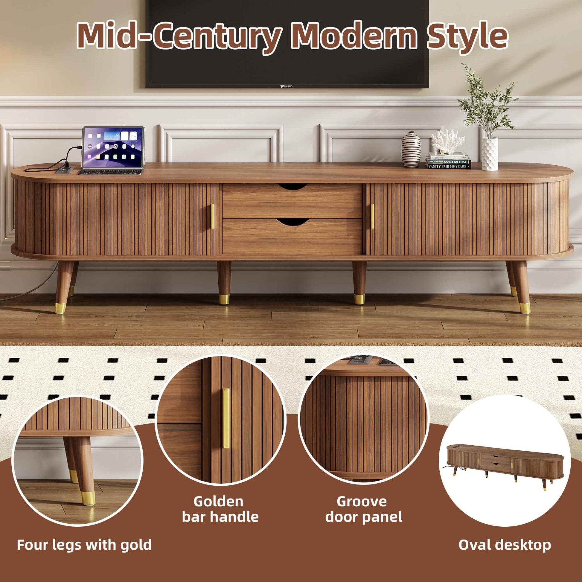 [Assembly Video]Wooden Oval Fluted TV Stand with Charging Station for TV up to 80', Mid-Century Media Console with Sliding Tambour Door, Farmhouse TV Cabinet with Golden Handle for Living Room, Walnut