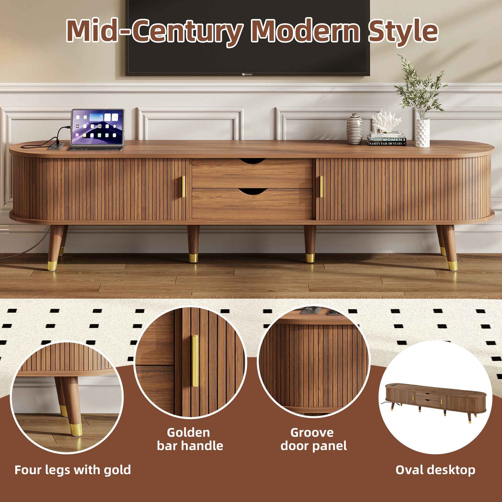 [Assembly Video]Wooden Oval Fluted TV Stand with Charging Station for TV up to 80', Mid-Century Media Console with Sliding Tambour Door, Farmhouse TV Cabinet with Golden Handle for Living Room, Walnut