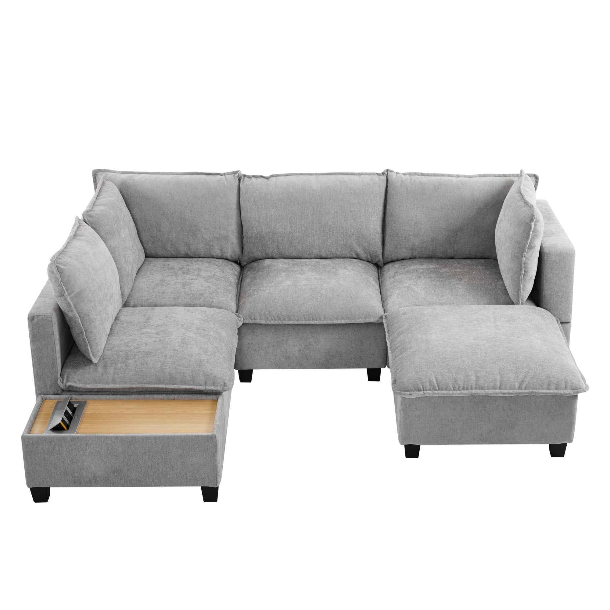 Modular 90' U-shaped Sectional Sofa with Movable Ottoman and Hidden Charging Coffee Table, Grey, Chenille