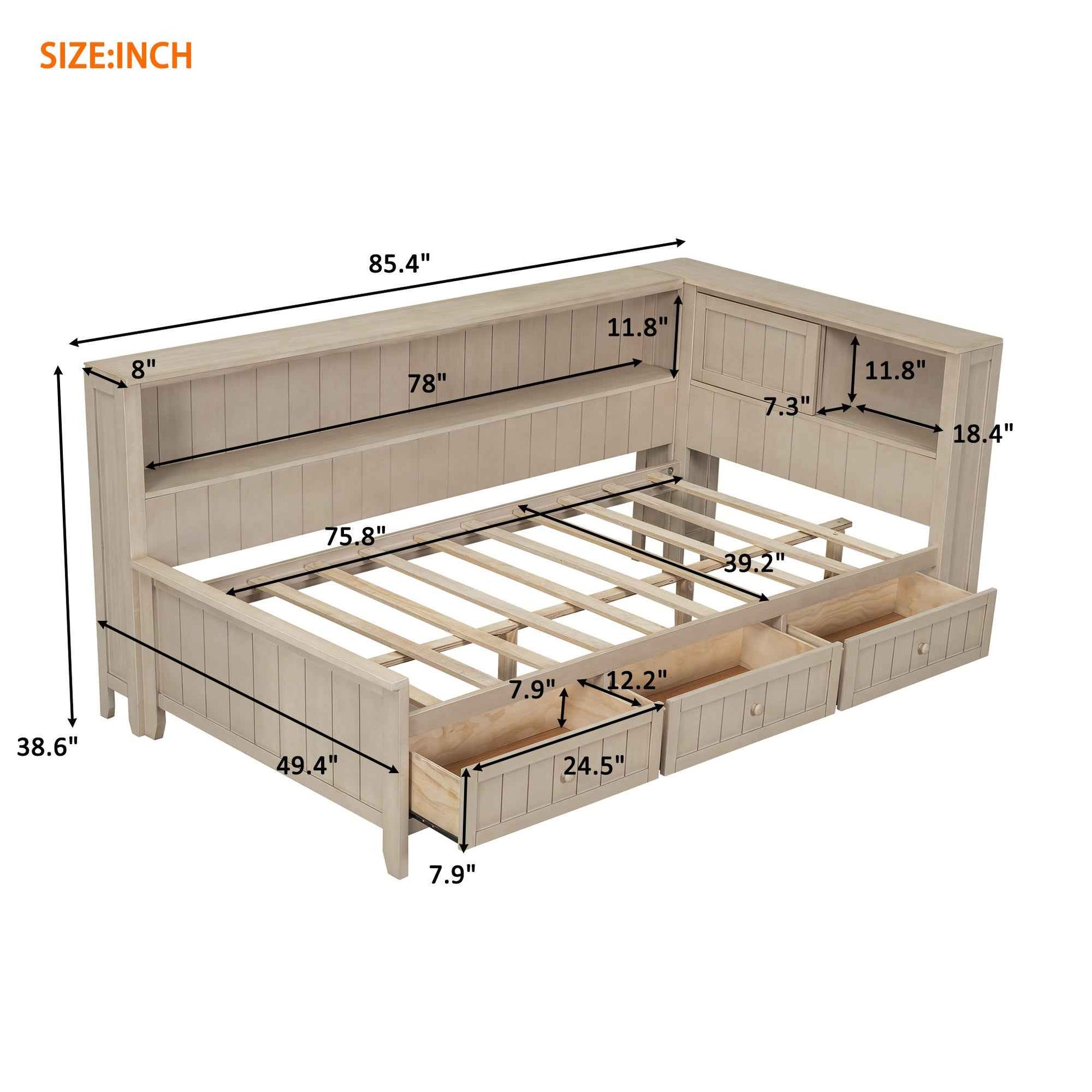 Twin Size Wood Daybed with Storage Shelves and 3 Drawers in Antique White Milk Finish, Solid Pine Wood and MDF