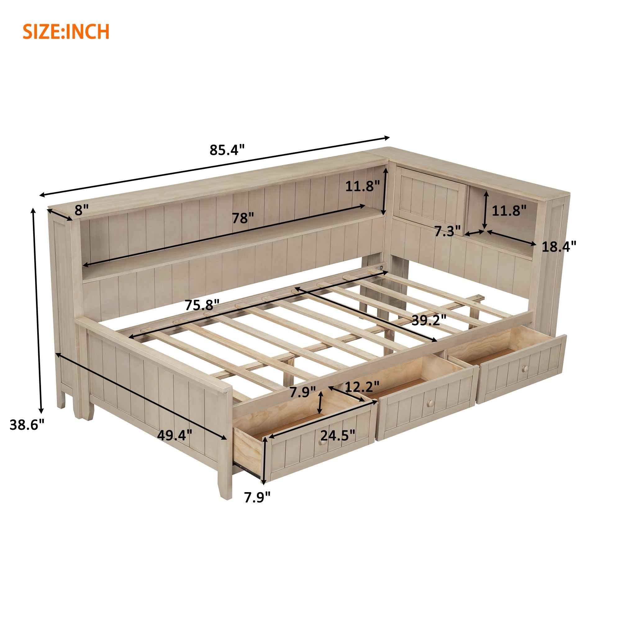 Twin Size Wood Daybed with Storage Shelves and 3 Drawers in Antique White Milk Finish, Solid Pine Wood and MDF