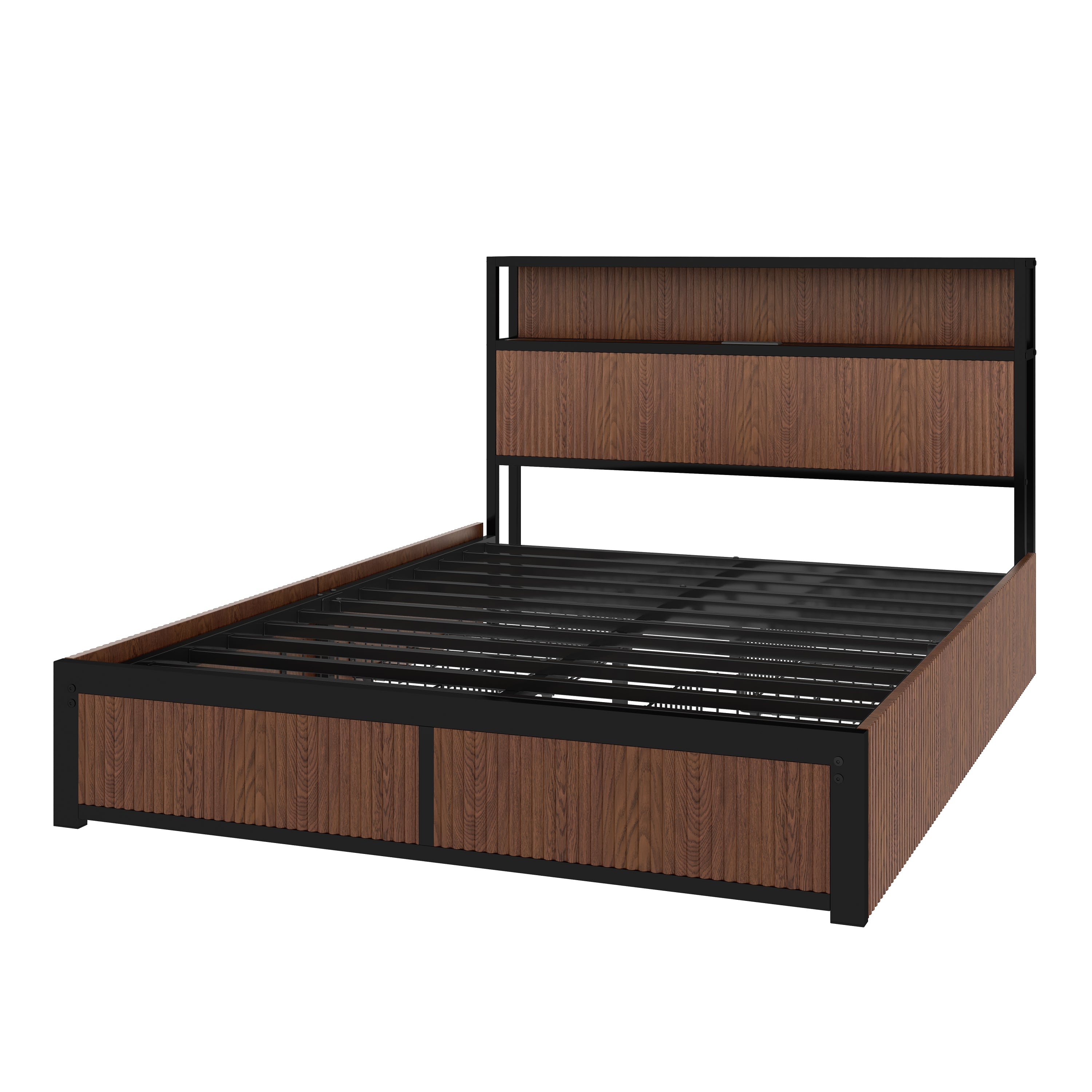 Large raised-pattern storage bed frame, wooden platform bed frame with multiple drawer storage function, bedside socket, brown wood (Queen) - Abrihome
