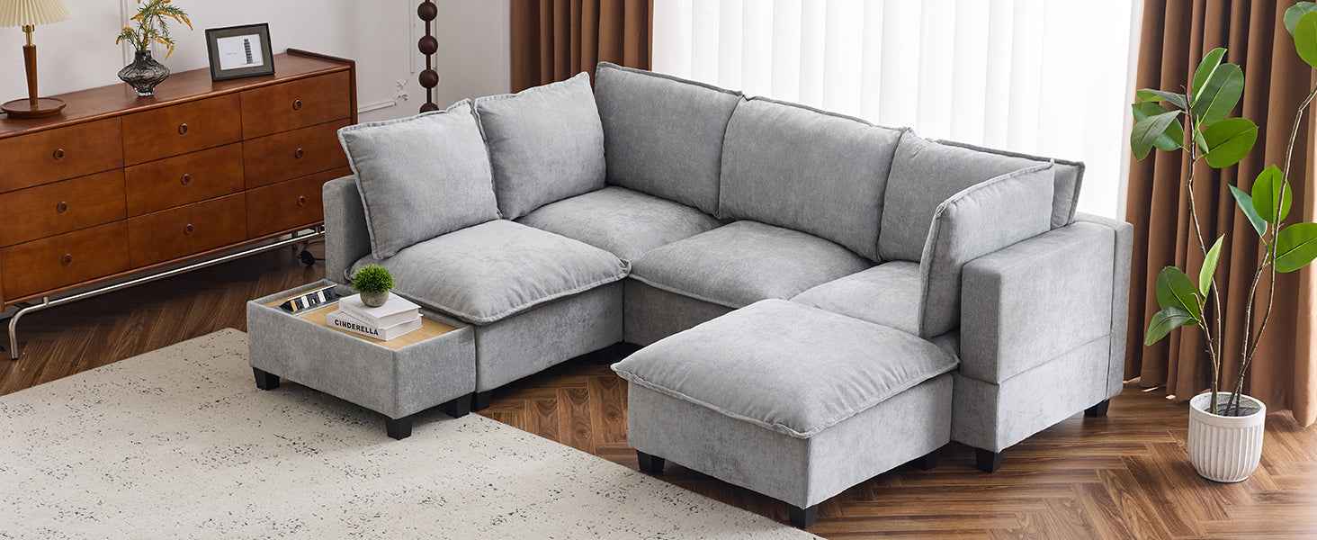 Modular 90' U-shaped Sectional Sofa with Movable Ottoman and Hidden Charging Coffee Table, Grey, Chenille