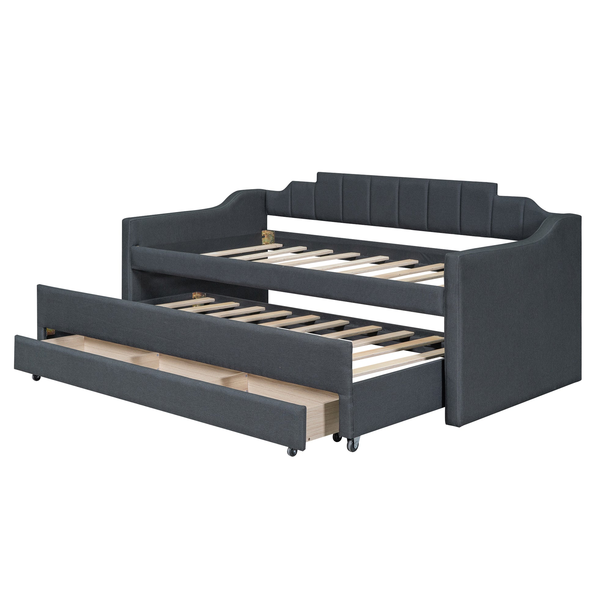 Twin Size Upholstered Daybed with Trundle and Three Drawers,Grey - Abrihome