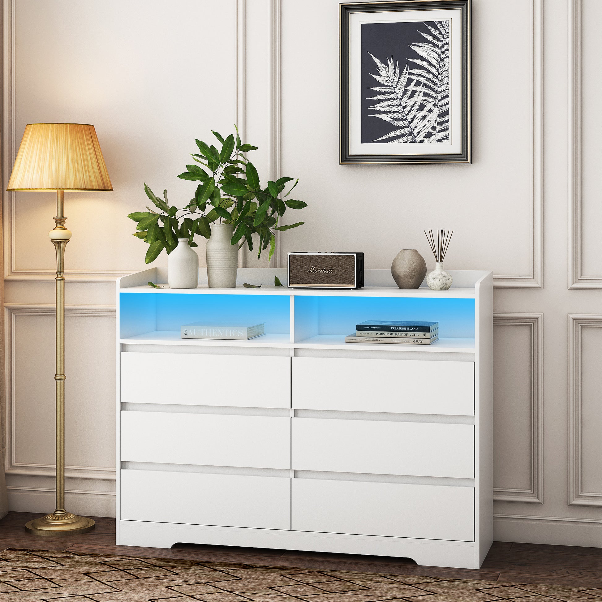 6 Drawer Dresser, White Dresser for Bedroom with LED Lights, Modern Dressers & Chests of Drawers with Sturdy Frame for Living Room, Entryway, Hallway - Abrihome