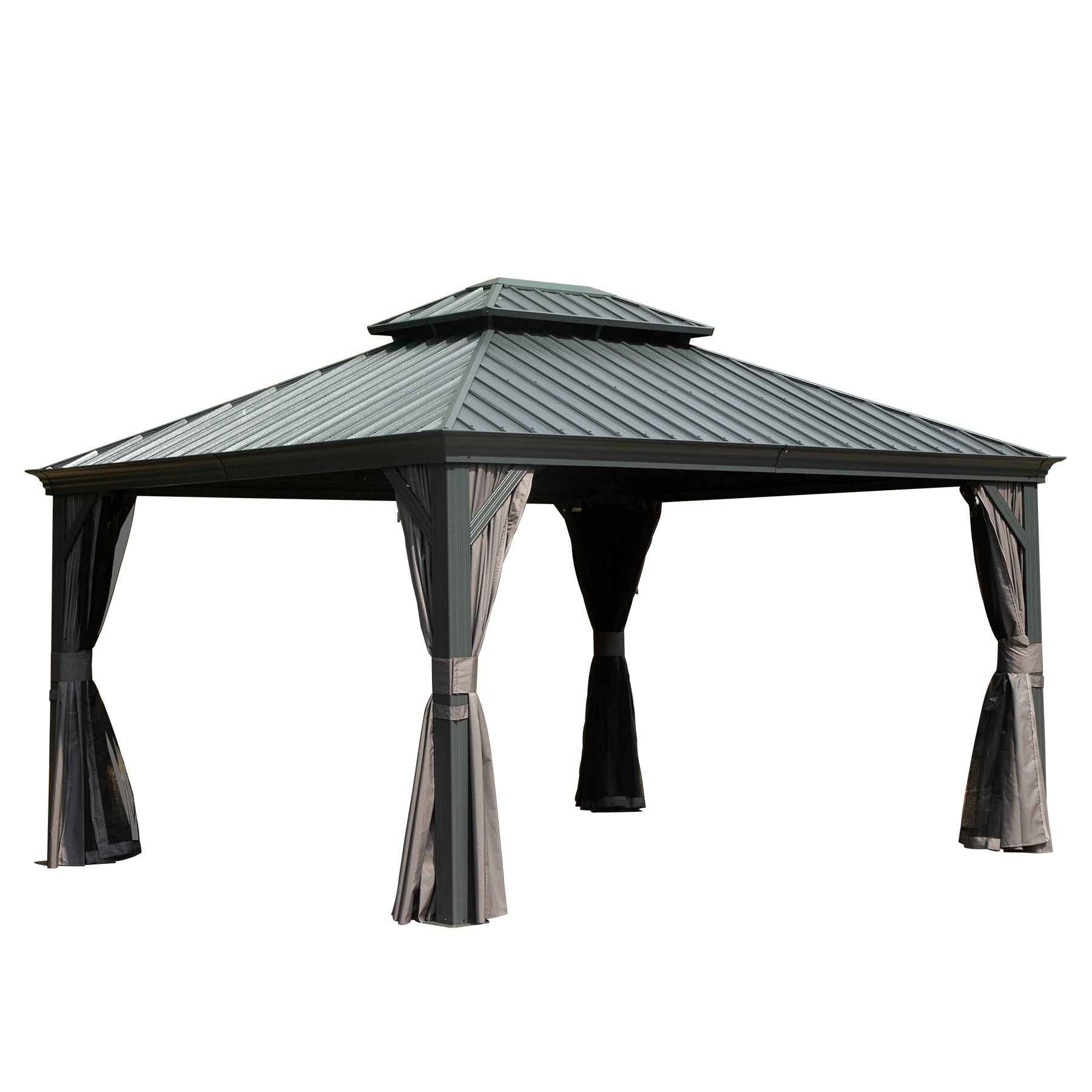 10' X 12' Hardtop Gazebo Outdoor Metal Gazebo with Galvanized Steel Double Roof Canopy, Aluminum Frame, Curtains and Netting for Patio, Deck, Garden, Grey