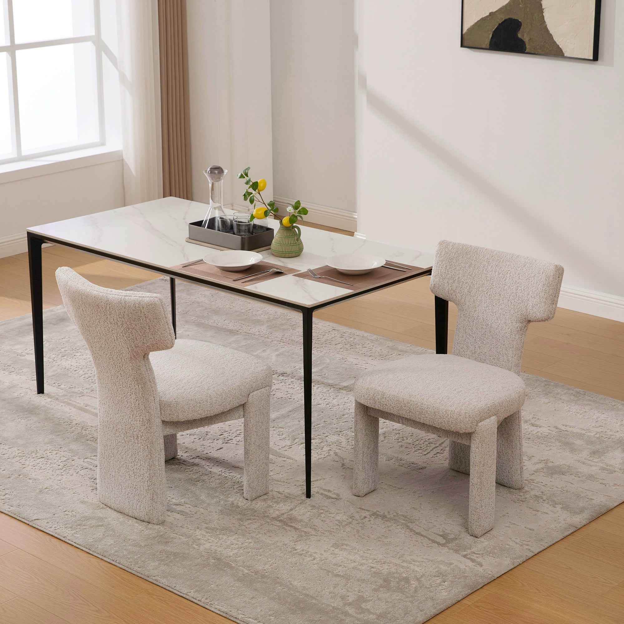 Modern Beige Chenille Dining Chair Set of 2 with Rubberwood Legs, Armless Curved Back Accent Chairs for Living Room Bedroom Restaurant Cafes Dining Room Reception, 22.05' Wide