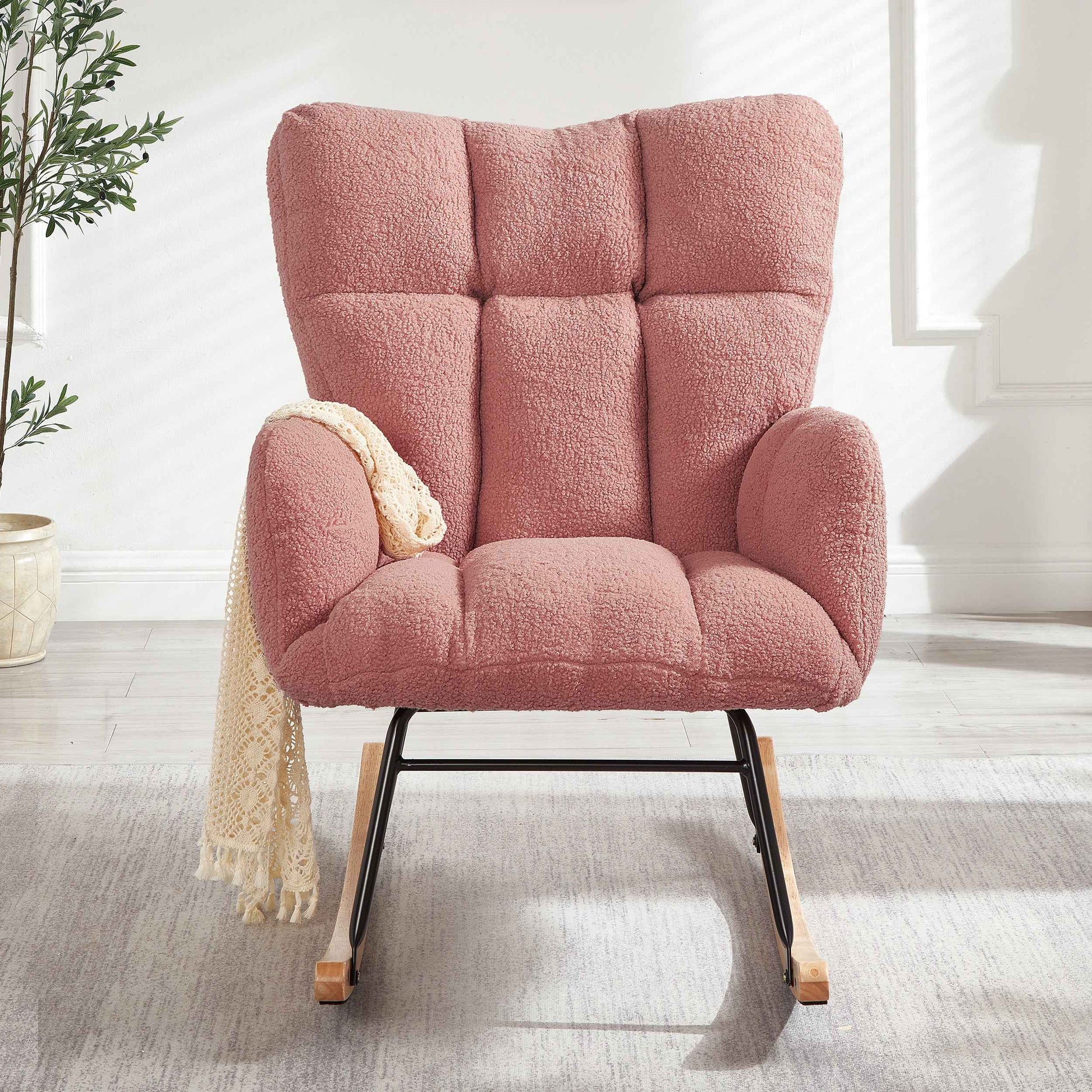 Glider Chair for Living Room Tufted Upholstered Teddy Fabric Rocking Chair with Metal Frame Accent Chair Pink