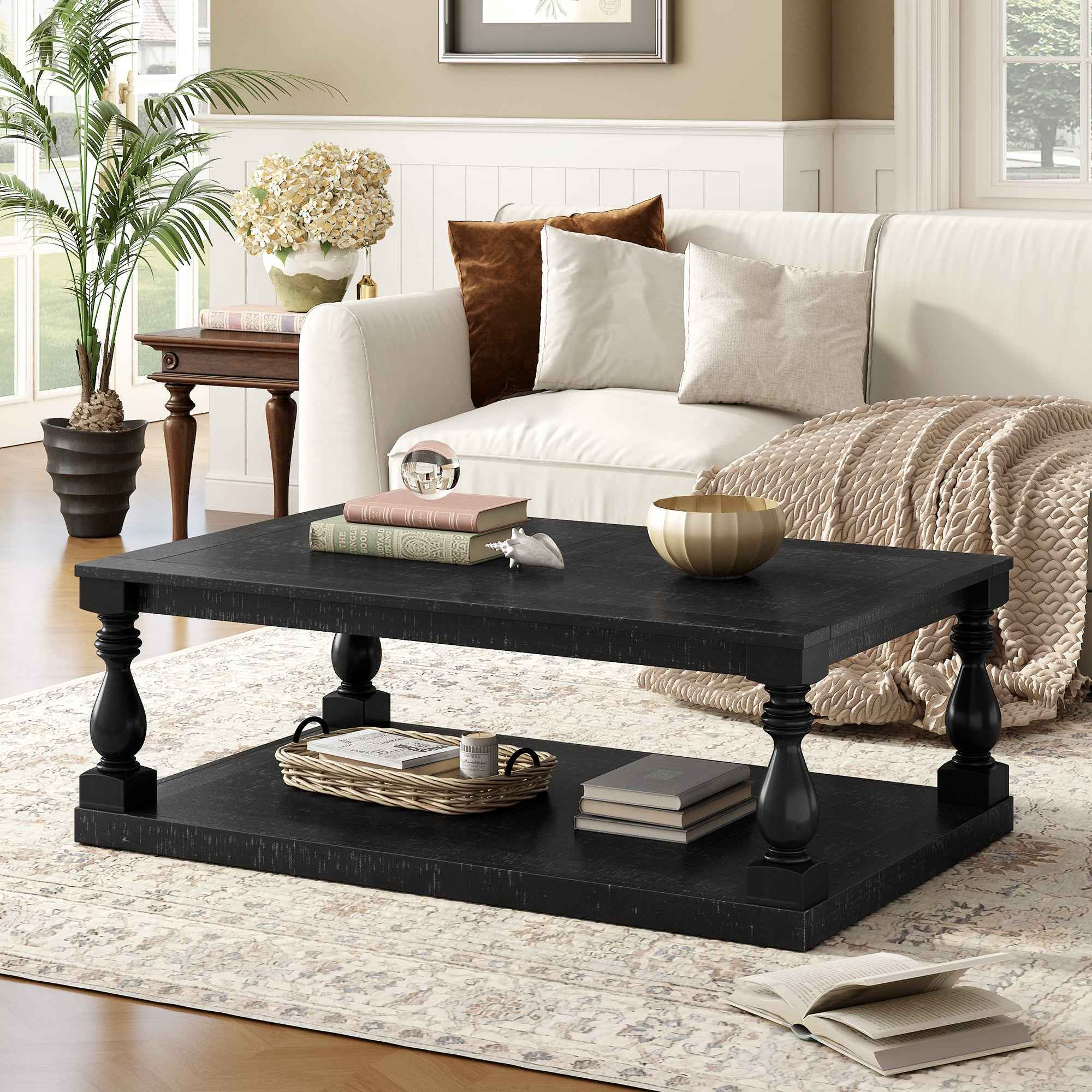 U_STYLE Vintage Coffee Table Featuring Artistic Vase Column Legs and Luxurious Pine Veneer for Timeless Charm,Suitable for living room, study room