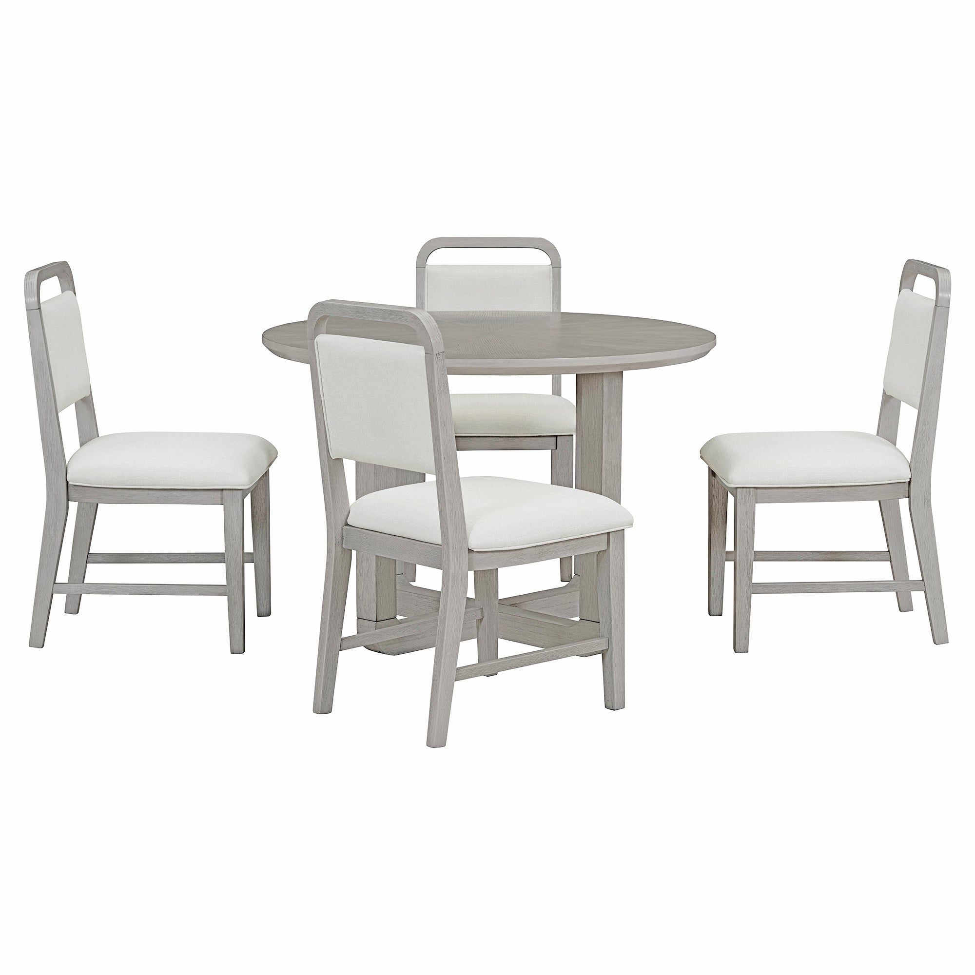 TREXM 5-Piece Retro Dining Set, Round Table Top with Radial Wood Grain Design and 4 Upholstered Chairs for Dining Room and Kitchen (Antique Gray)