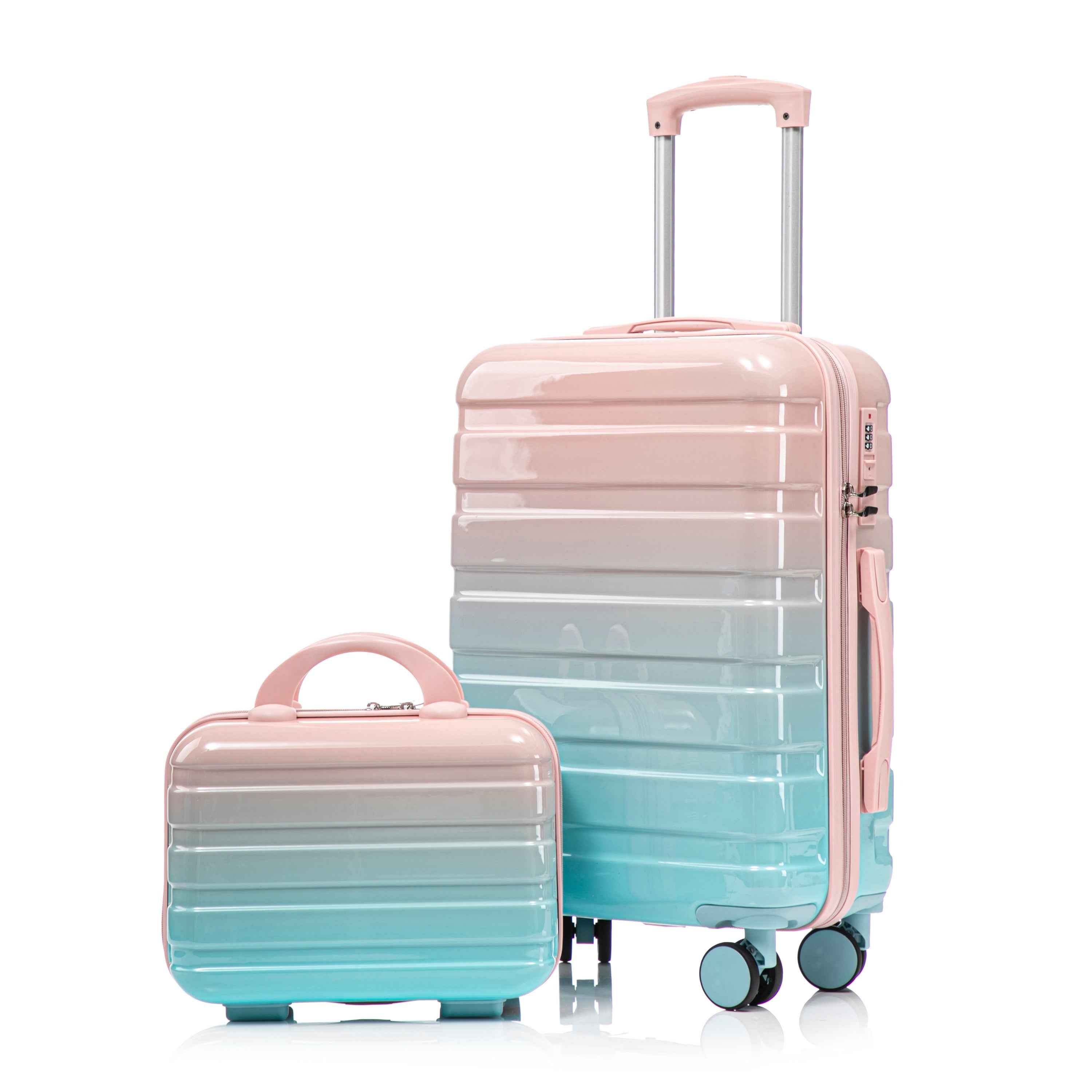 14'/20' 2 pcs/set in PC Spinner Wheel Luggage, Carry on Suitcase, With Gradient Color and Combination Lock(Blue+Pink)
