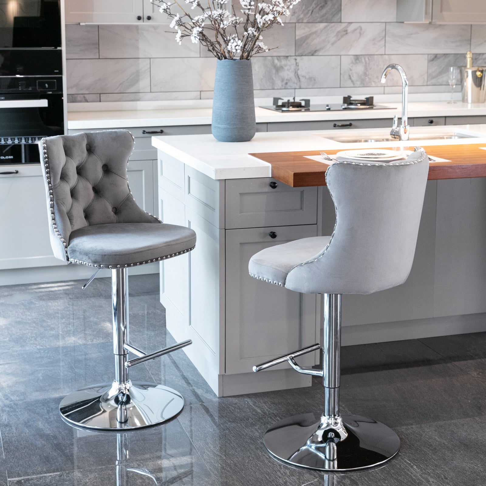 A&A Furniture,Swivel Velvet Barstools Adjusatble Seat Height from 25-33 Inch, Modern Upholstered Chrome base Bar Stools with Backs Comfortable Tufted for Home Pub and Kitchen Island（Gray,Set of 2）