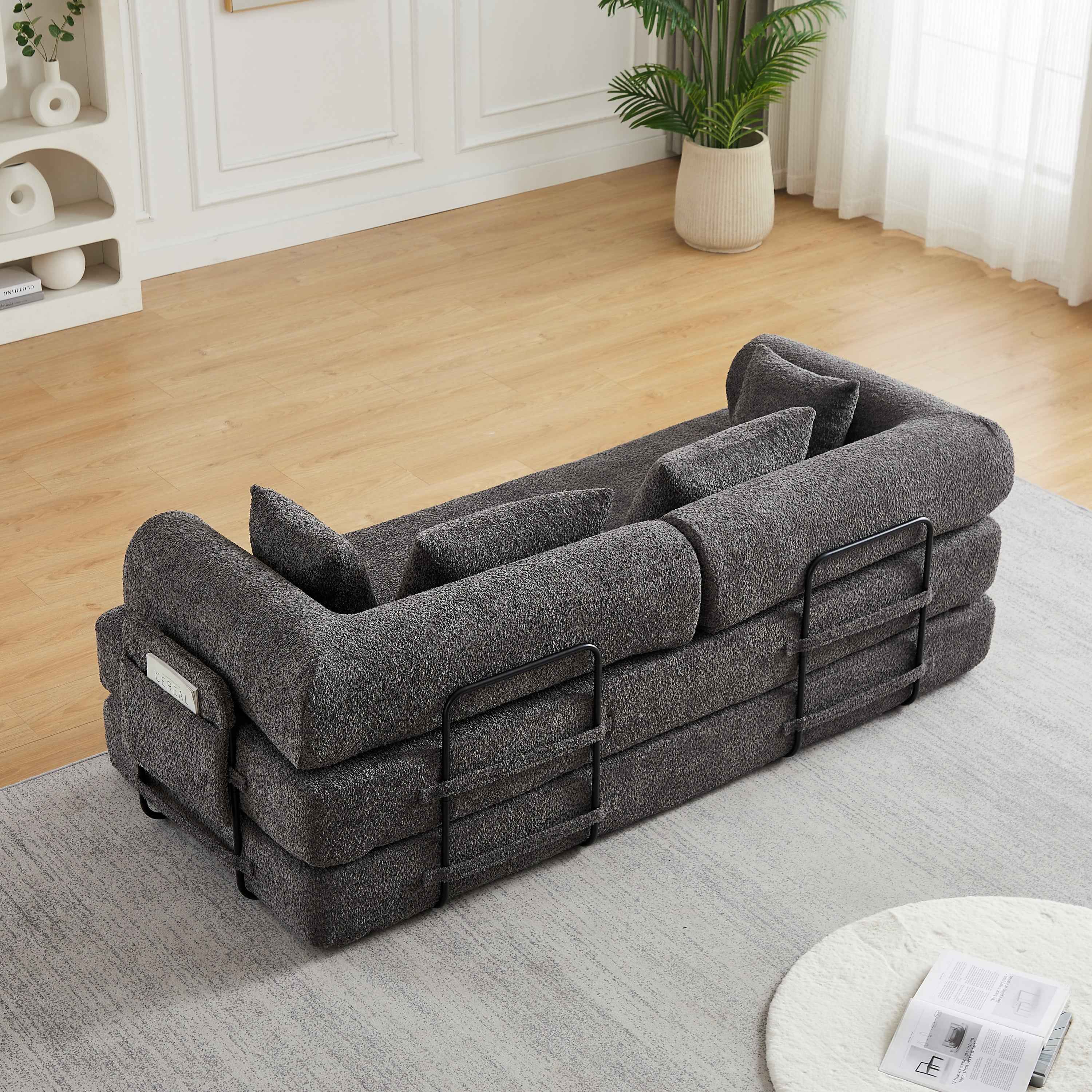 78.7-Inch Convertible Sleeper Sofa Bed with Cylindrical Pillow, Chenille Folding Mattress Couch with ,Folding Sofa Bed with Side Pocket, Floor Sofa Lounge Couch for Living Room Bedroom Lounge Studio