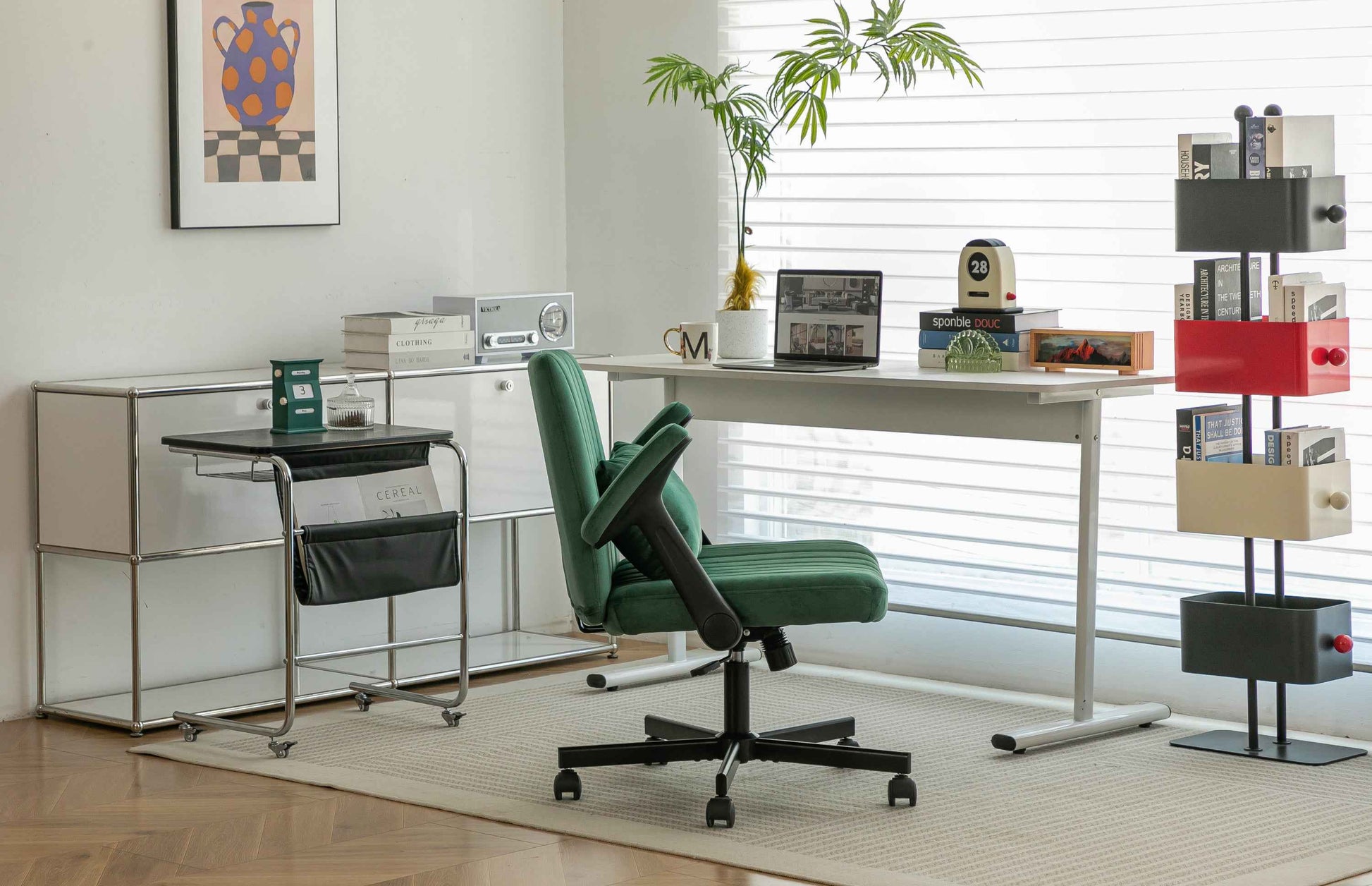 Green Velvet Criss Cross Armrest Office Chair with Wheels - Modern for Home Office, Meditation & Creative Work