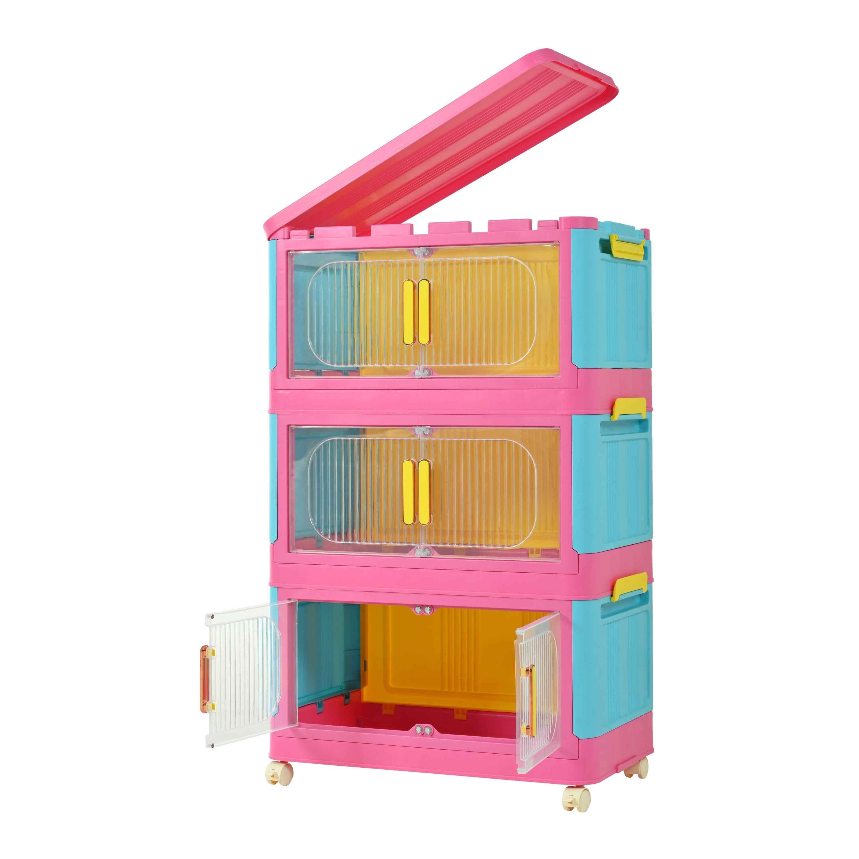 Happy Color, 20' Side Wide Folding Storage Cabinet ,4 Tiers,19.69'×11.81'×40.55',Collapsible Storage Bins with Magnetic Door, Plastic Storage Cabinet with Wheels