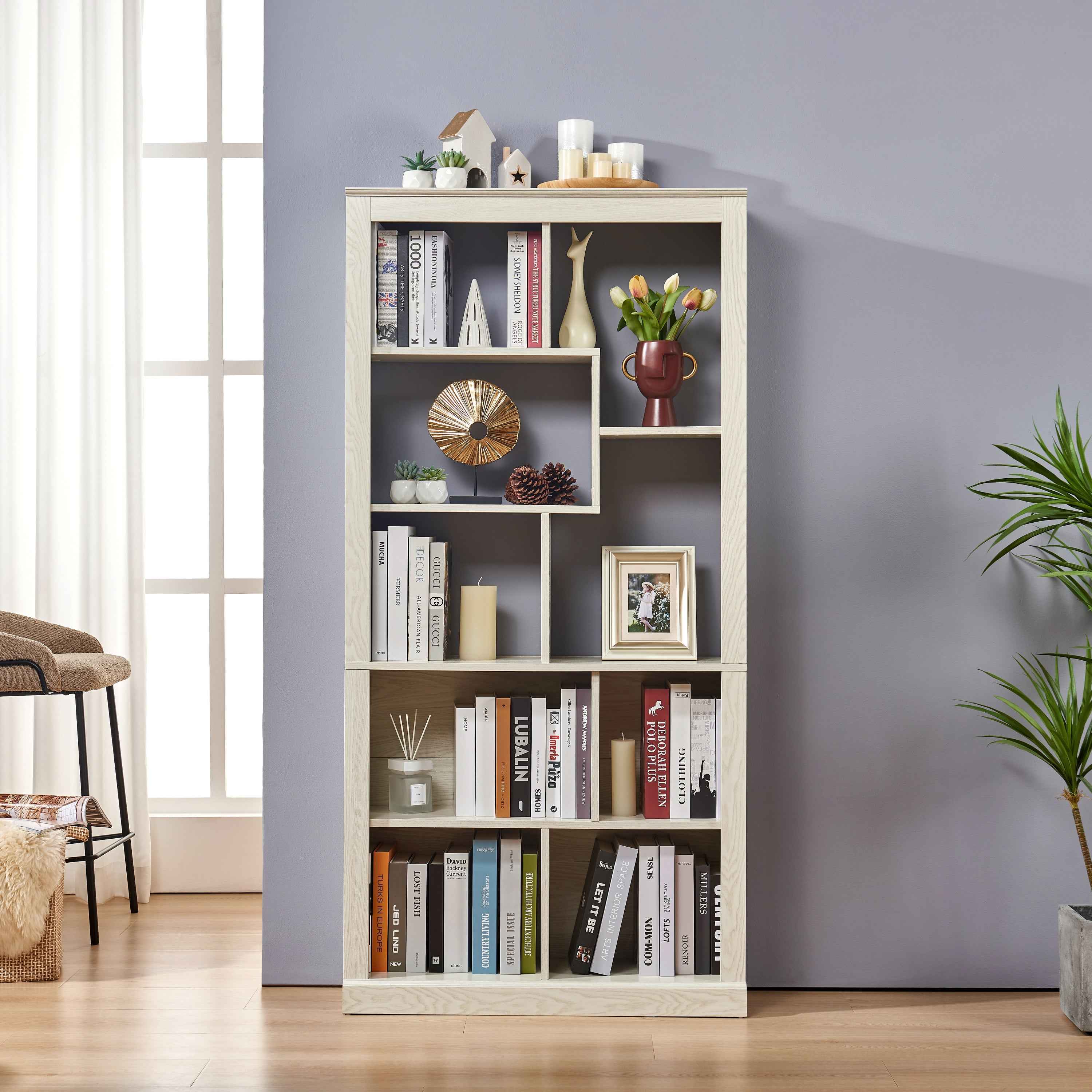 Free Combination Wood Open Bookshelf, Multi Space Display Storage Cabinet, Easy to Assemble Freestanding Bookcase with Anti-Tip Straps, Classified Storage Organizer for Living Room Bedroom Home Office