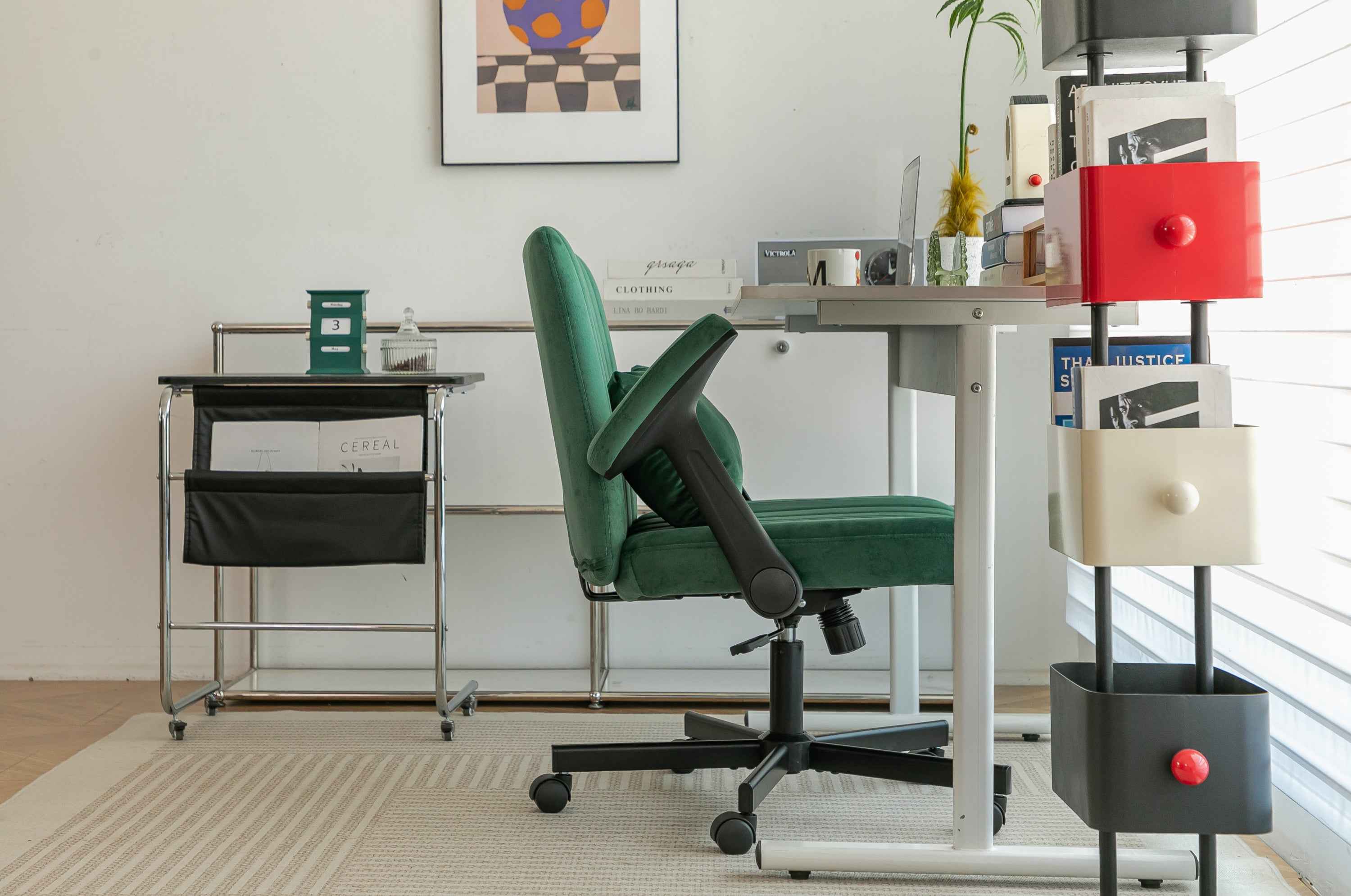 Green Velvet Criss Cross Armrest Office Chair with Wheels - Modern for Home Office, Meditation & Creative Work