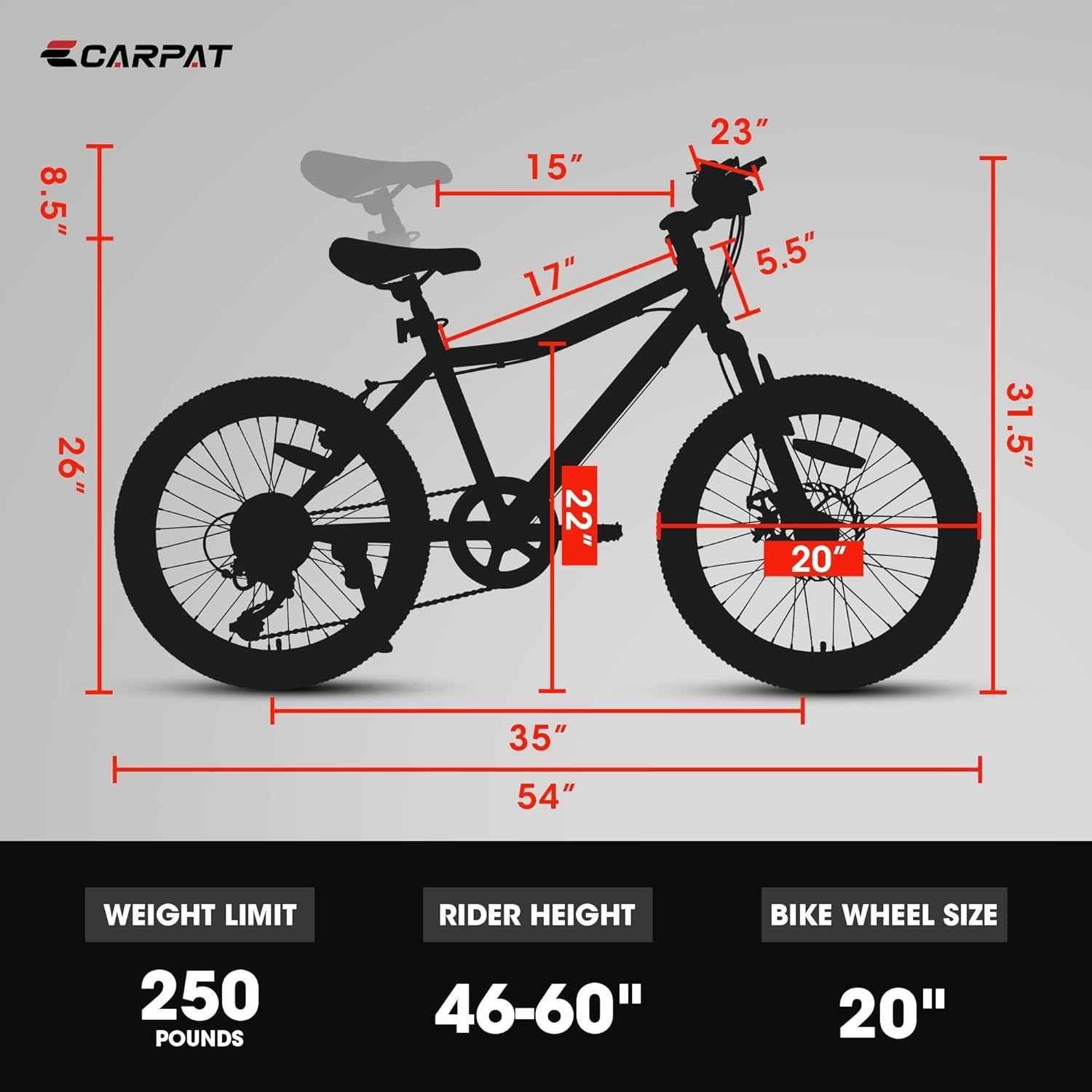 Ecarpat S20101 20 Inch Kids' Mountain Bike, 7 Speed, Front Suspension, White Steel Frame