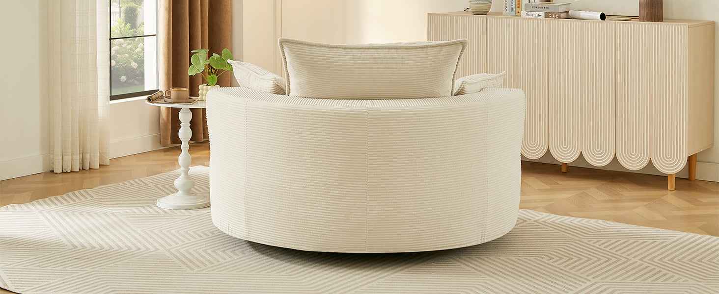 Accent Barrel Chair 360° Swivel Sofa Chair with Dual-layer Cushion and 3 Removable Pillows, Beige Corduroy, 57.5'