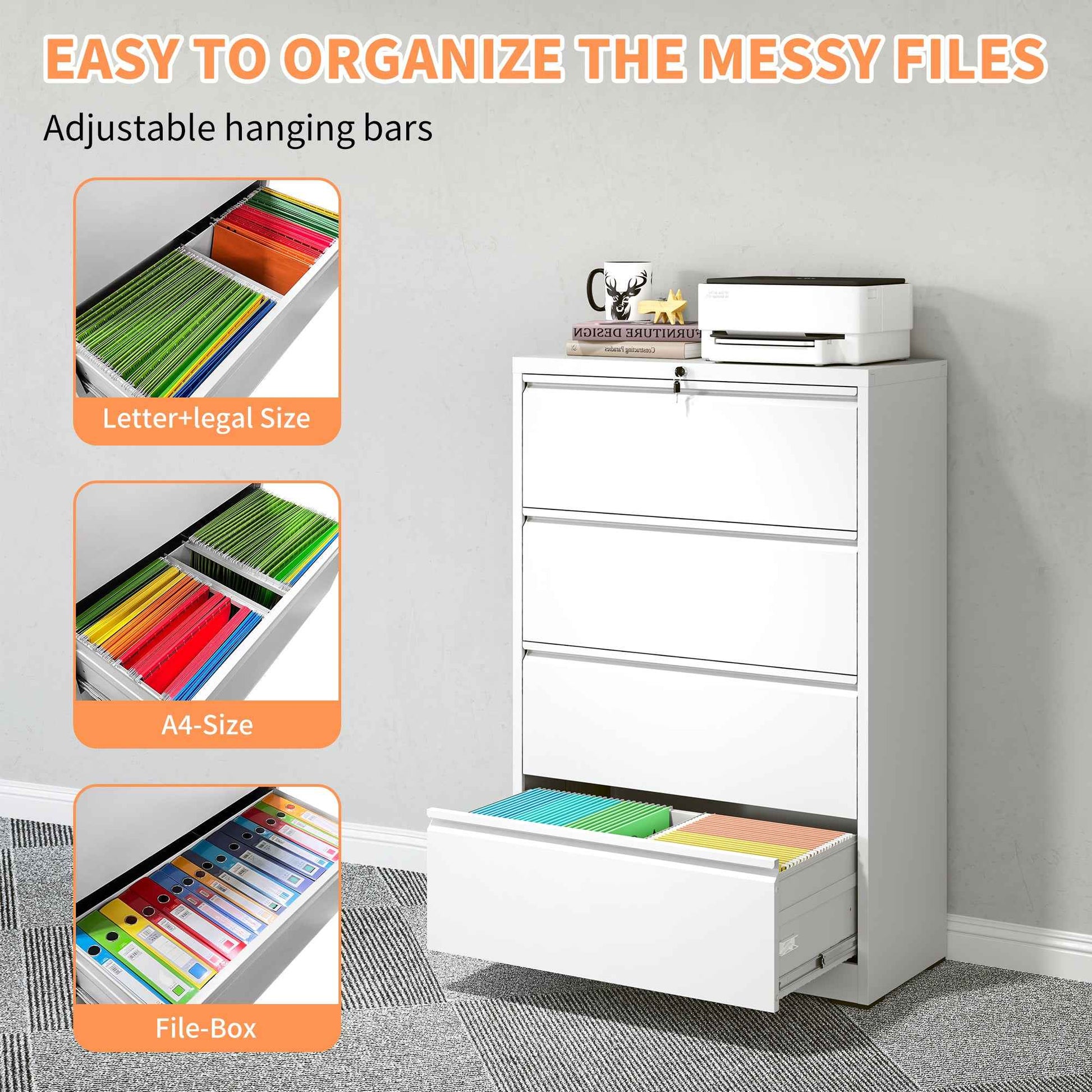 4 Drawer Lateral File Cabinet, Heavy Duty Metal Filing Cabinet, 35.4 Inch Wide Locking File Cabinet for Home Office, Space-Saving Vertical Storage with Anti-Tip Interlock, for Letter/Legal/A4 Files