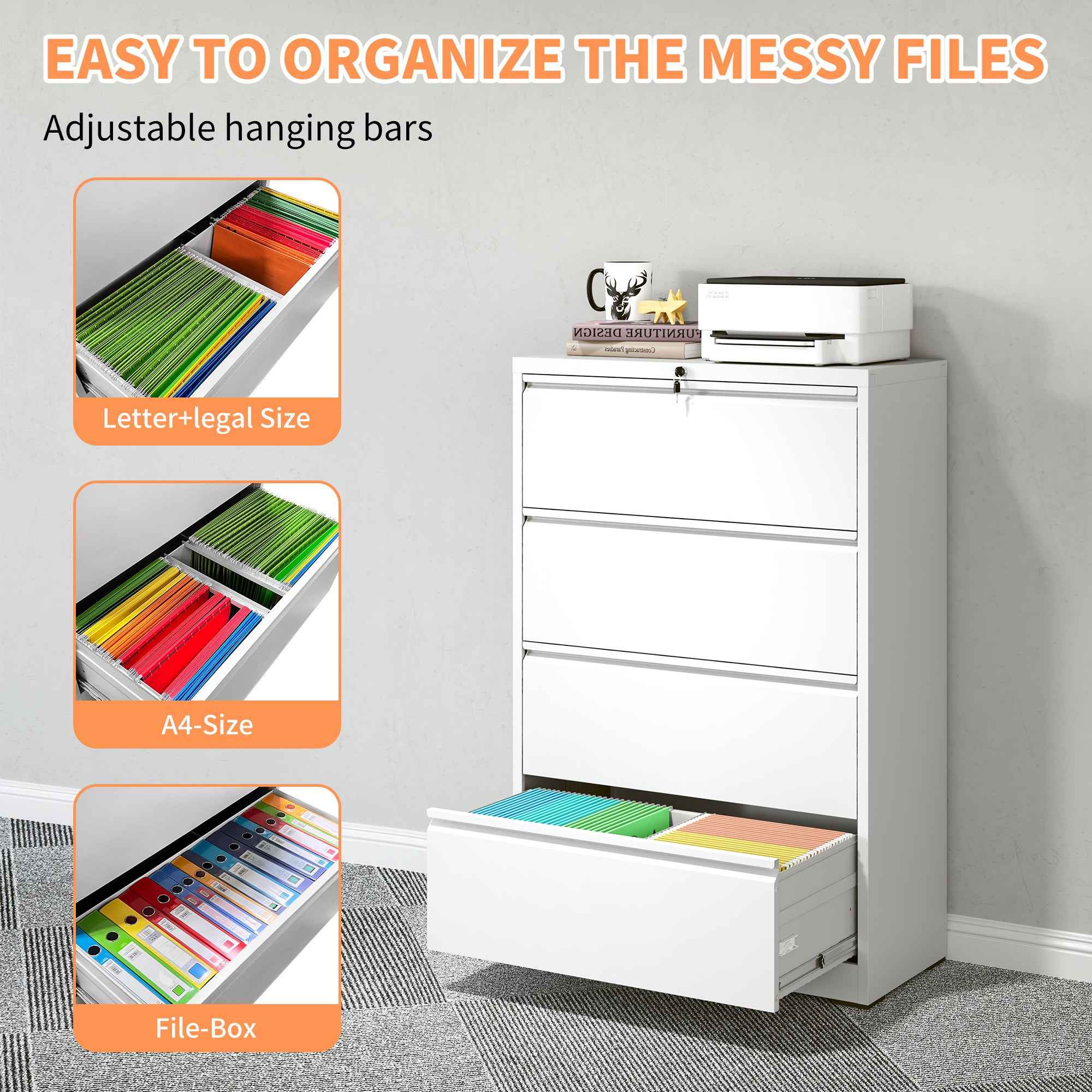4 Drawer Lateral File Cabinet, Heavy Duty Metal Filing Cabinet, 35.4 Inch Wide Locking File Cabinet for Home Office, Space-Saving Vertical Storage with Anti-Tip Interlock, for Letter/Legal/A4 Files